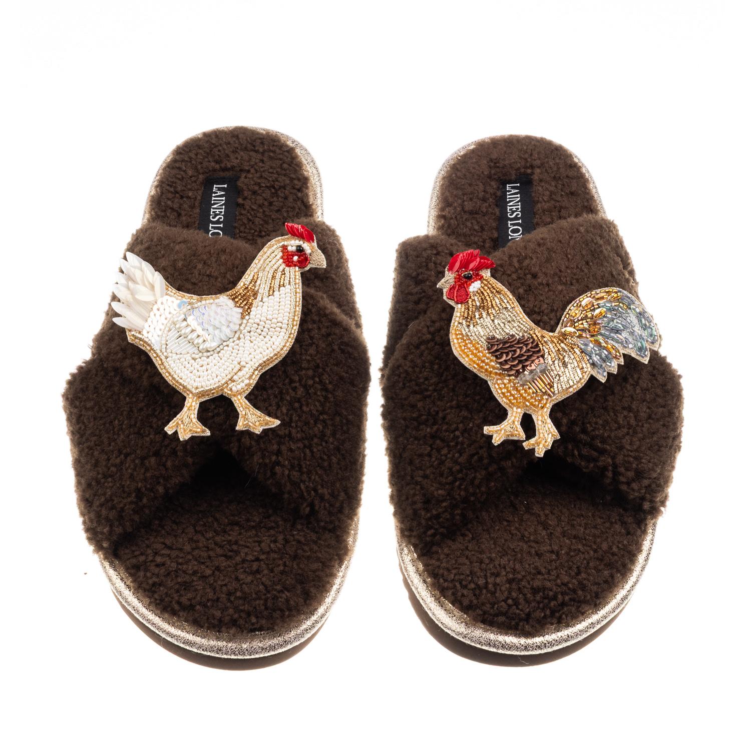 Laines London Women's Brown / Neutrals Laines Neutral Boucle Slippers With Chicken & Cockrel Brooches - Chocolate In Brown