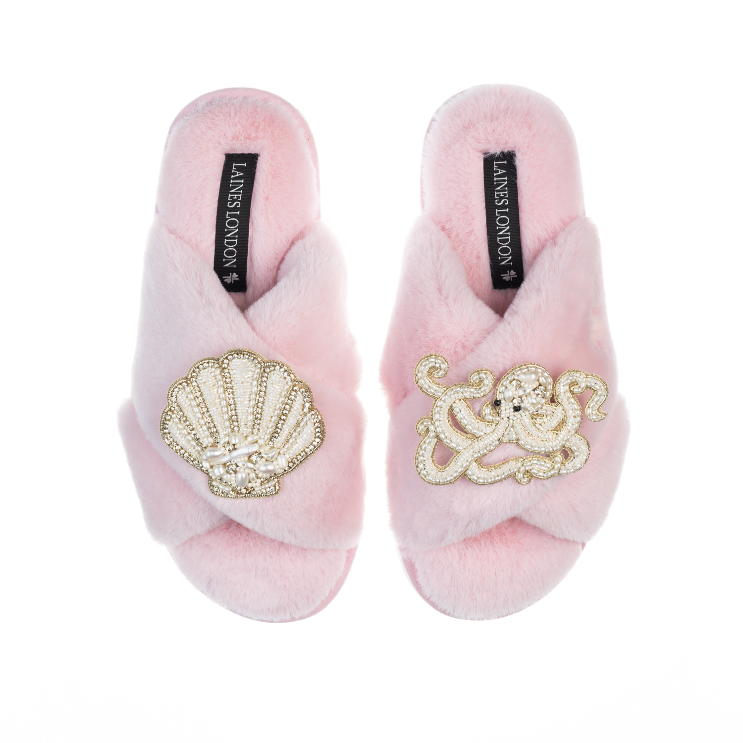 Laines London Women's Pink / Purple Classic Laines Slippers With Pearl Beaded Octopus & Shell Brooches - Pink
