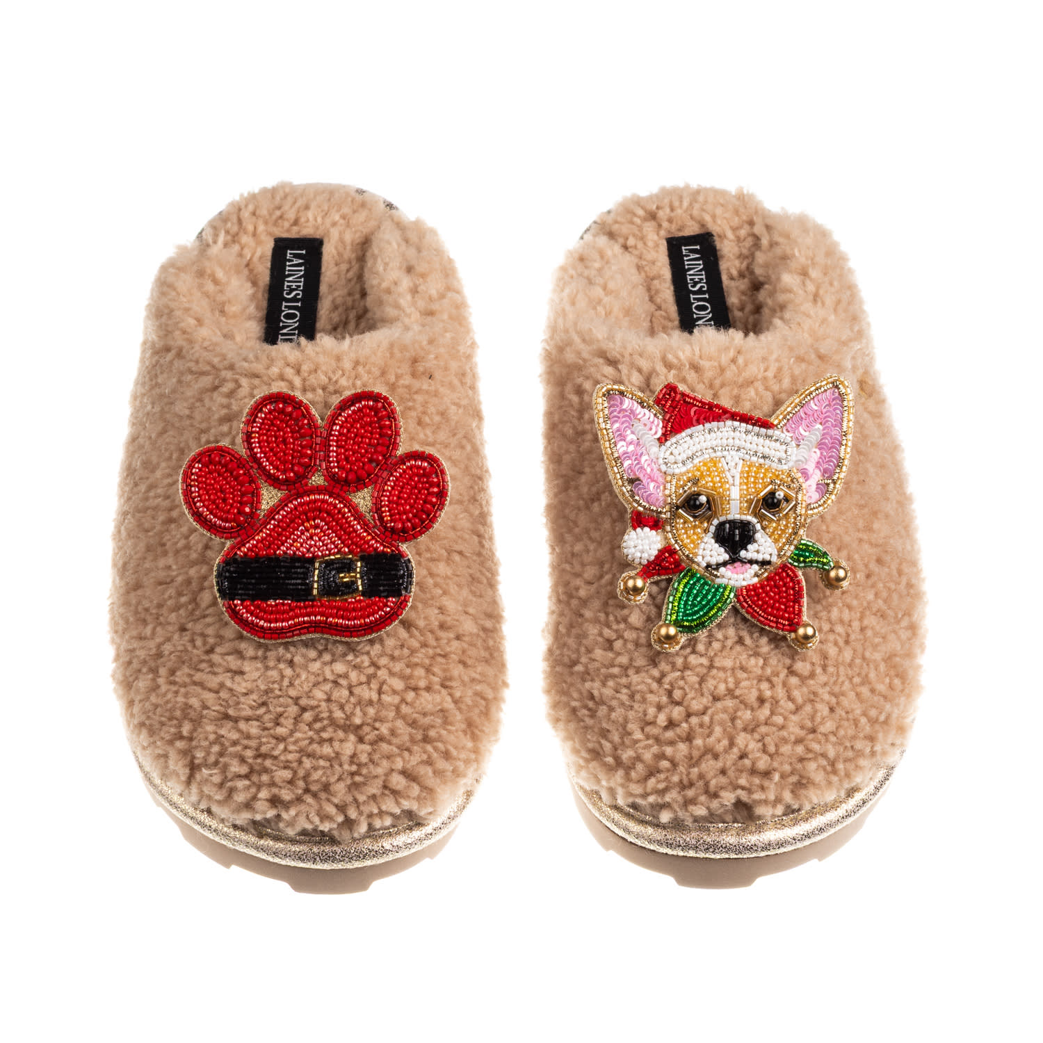 Laines London Women's Brown / Neutrals Teddy Closed Toe Slippers With Christmas Chihuahua & Paw Brooches - Toffee In Brown