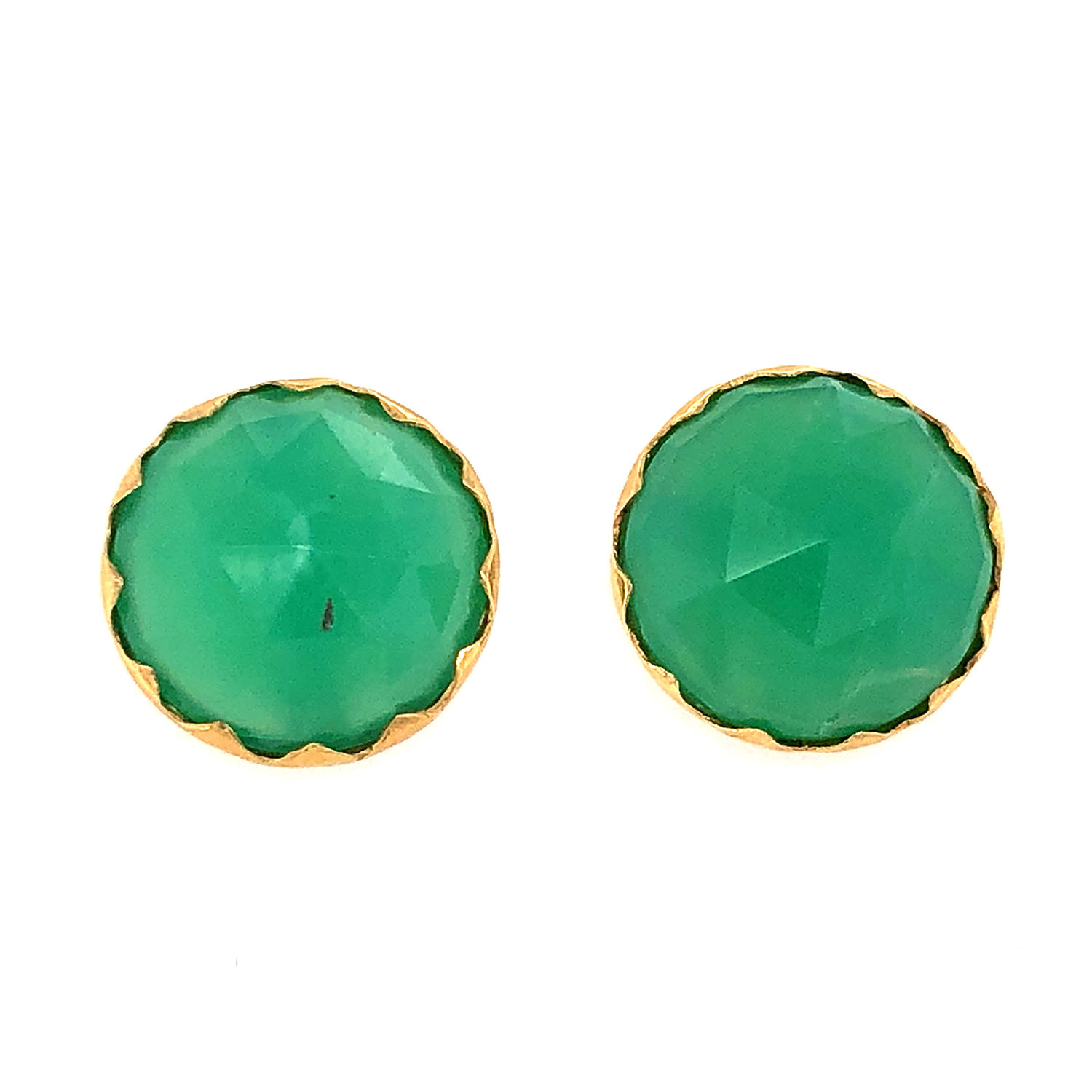 Women’s Gold / Green Chrysoprase Round Gemstone In Solid 18K Yellow Gold Stud Earrings Artisan