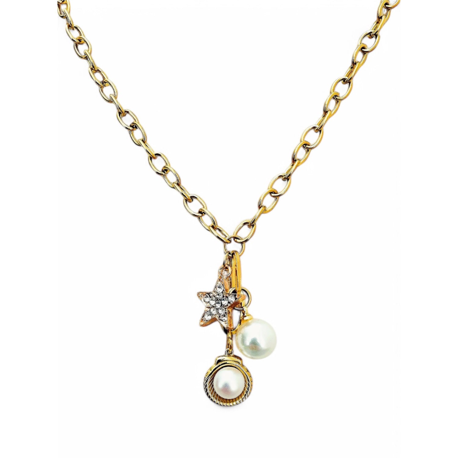 Vicky&nico Women's White / Rose Gold / Gold Rose Gold Star And Gold Shell Pearl Pendant Necklace