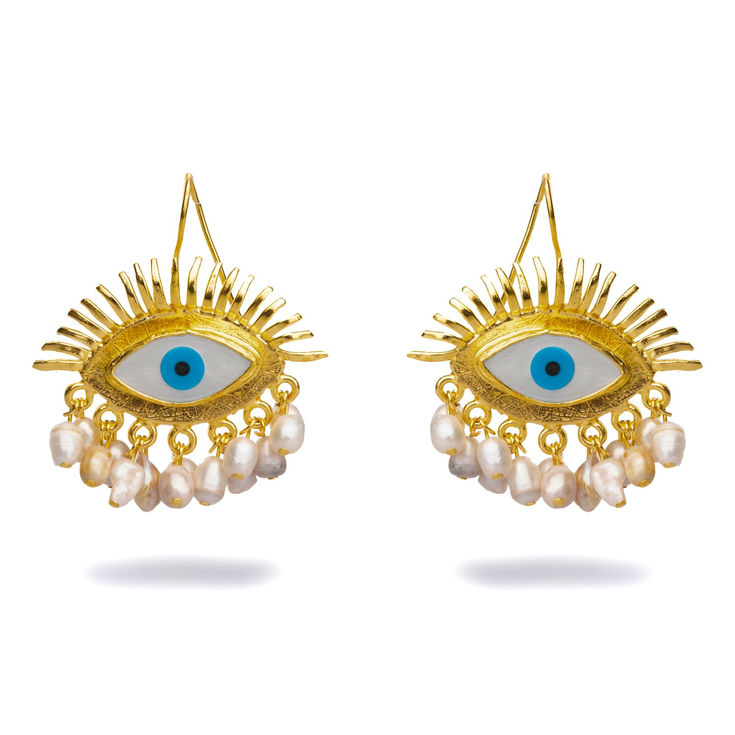 Ebru Jewelry Women's Blue / White / Gold Eyes On You Gold & Pearl Chunky Evil Eye Earrings - Blue