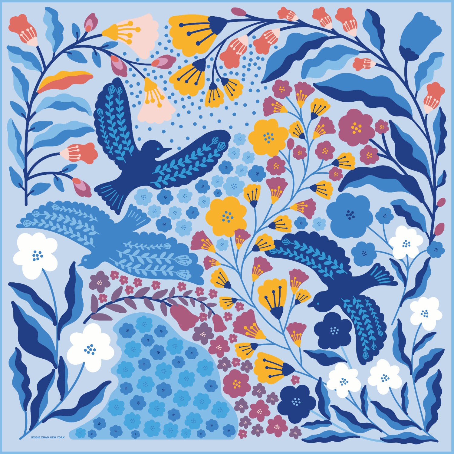 Women’s Double Sided Silk Scarf Of Blue Birds Jessie Zhao New York