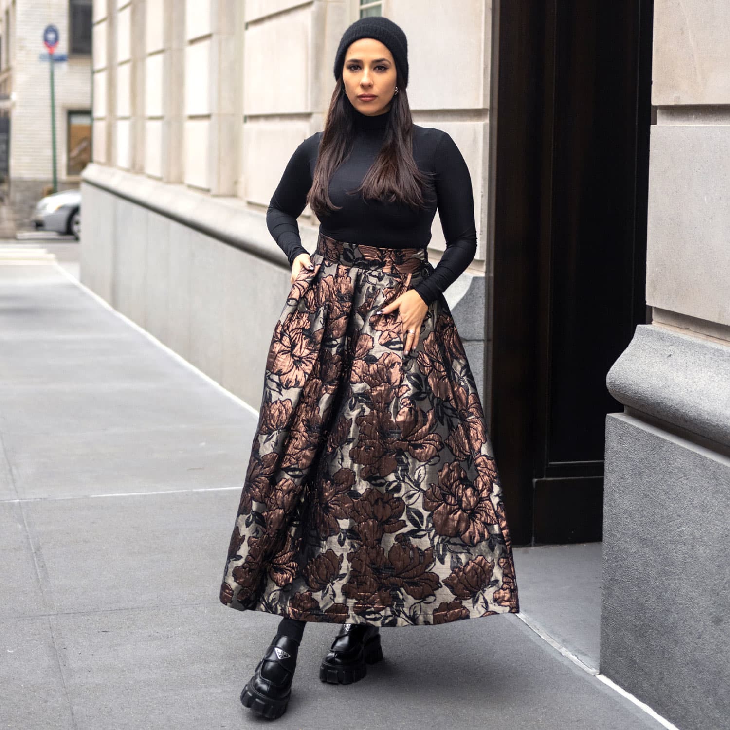 Floral Brocade Midi Skirt In Bronze & Black | L2R THE LABEL
