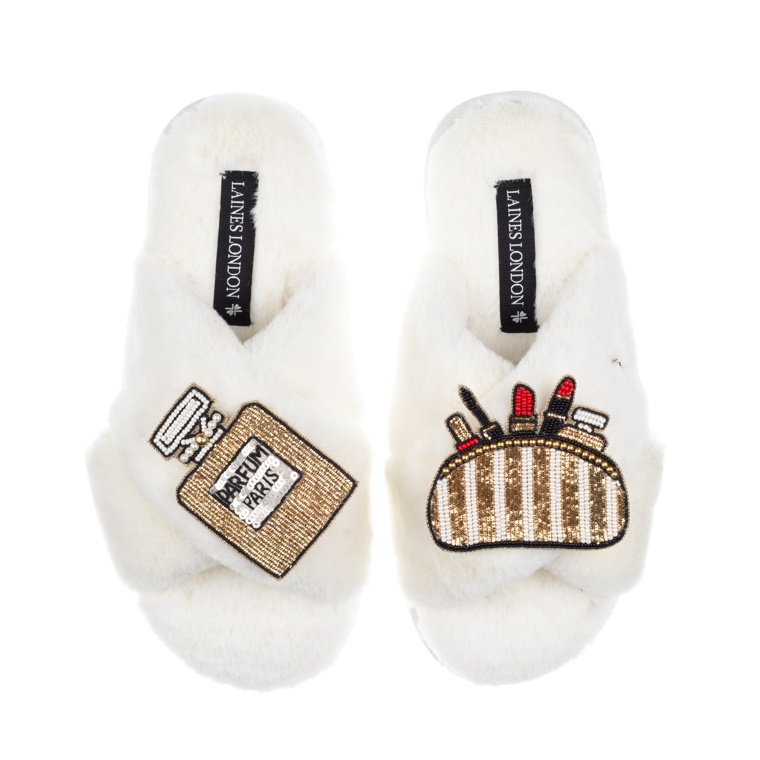 Women's White / Neutrals Classic Laines Slippers With Beauty Bag & Perfume Brooches - Cream | Extra Large | Laines London