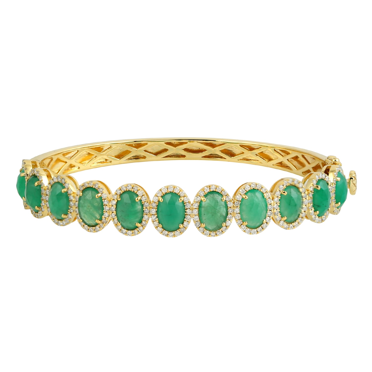 Artisan Women's Green / White / Gold Emerald Gemstone & Pave Diamond Designer Bangle In 18k Gold In Multi
