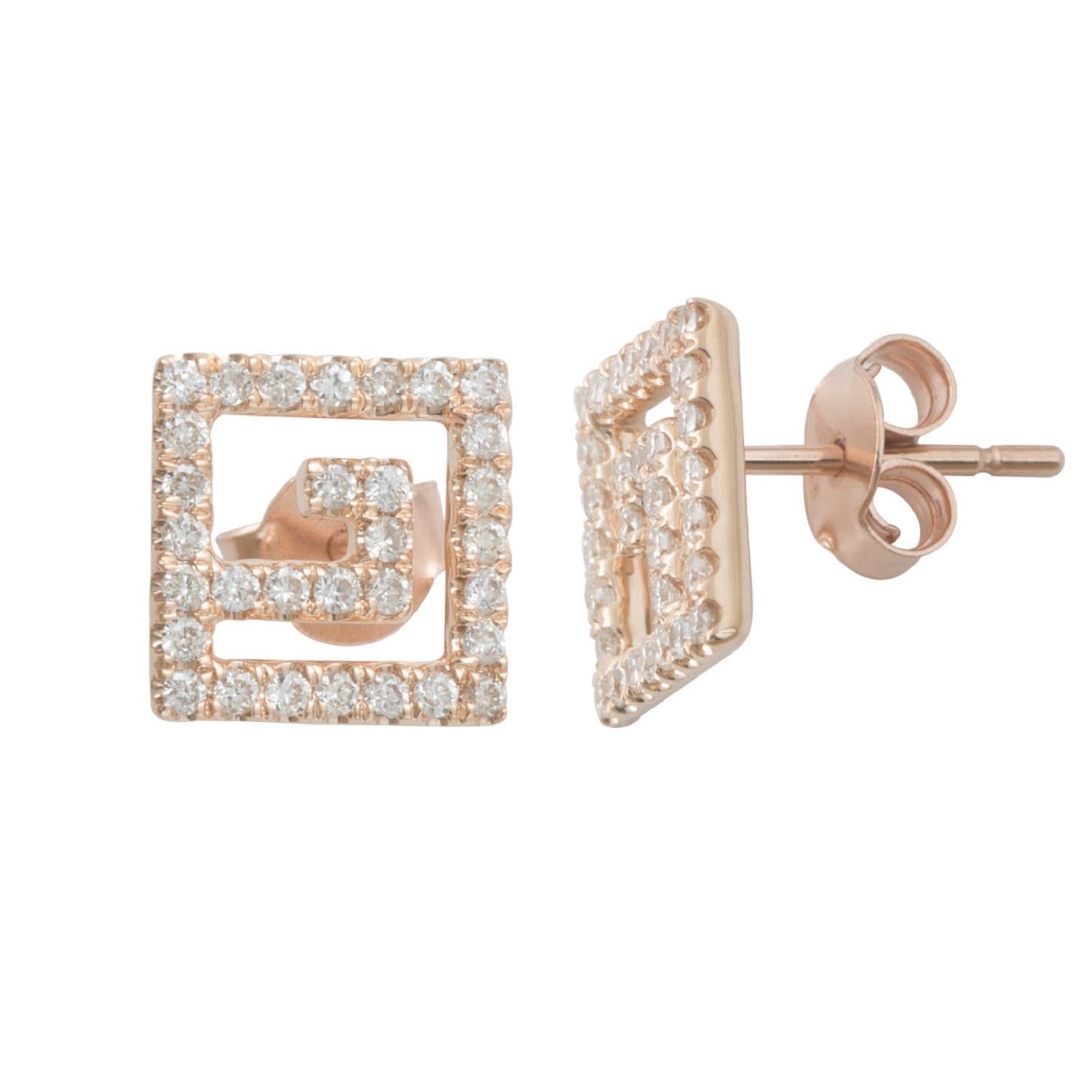 Women’s White / Rose Gold Natural Diamond Designer Stud Earrings 14K Solid Rose Gold Artisan