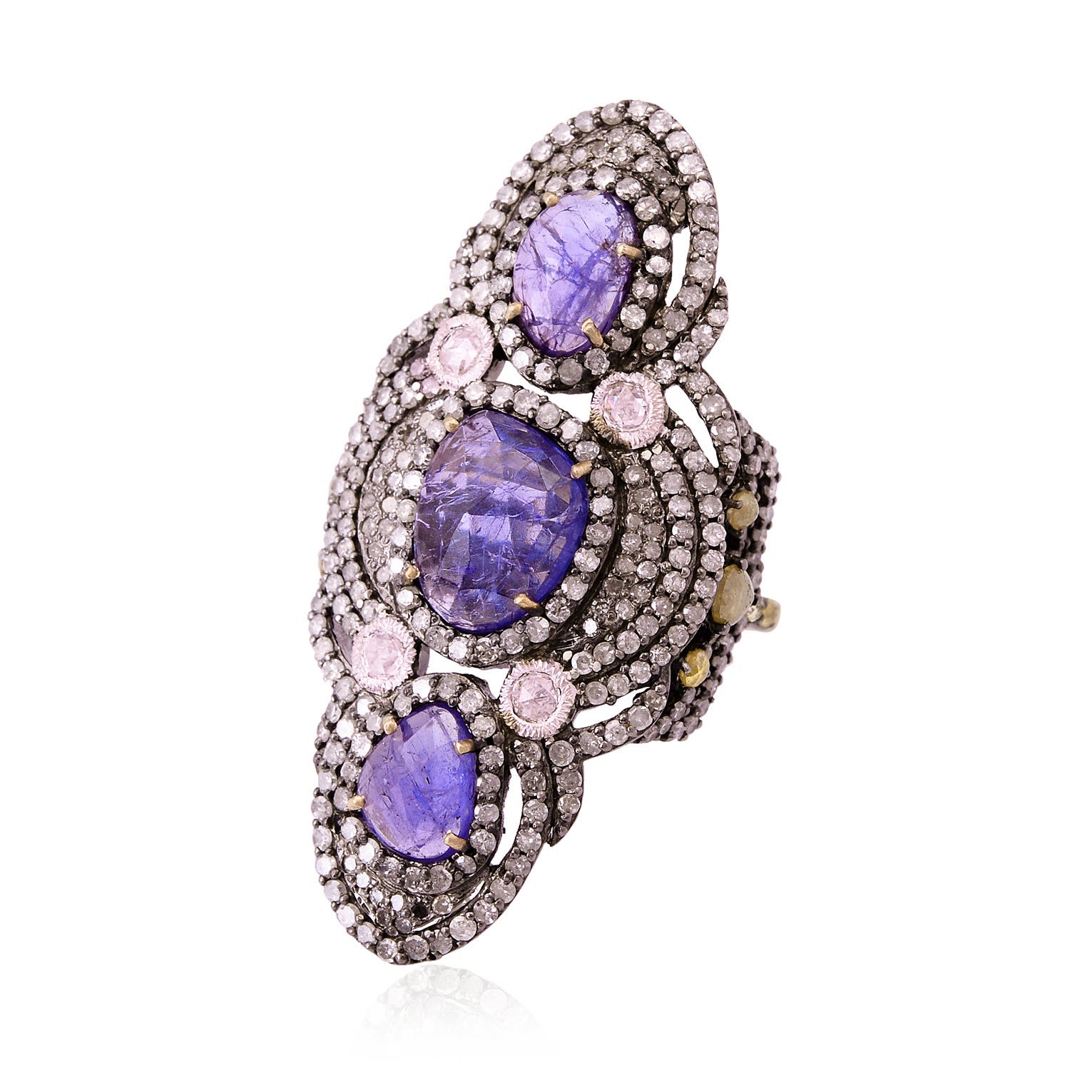 Artisan Women's Blue / Silver / White Gold Pave Diamond Tanzanite Sterling Silver Long Ring In Purple