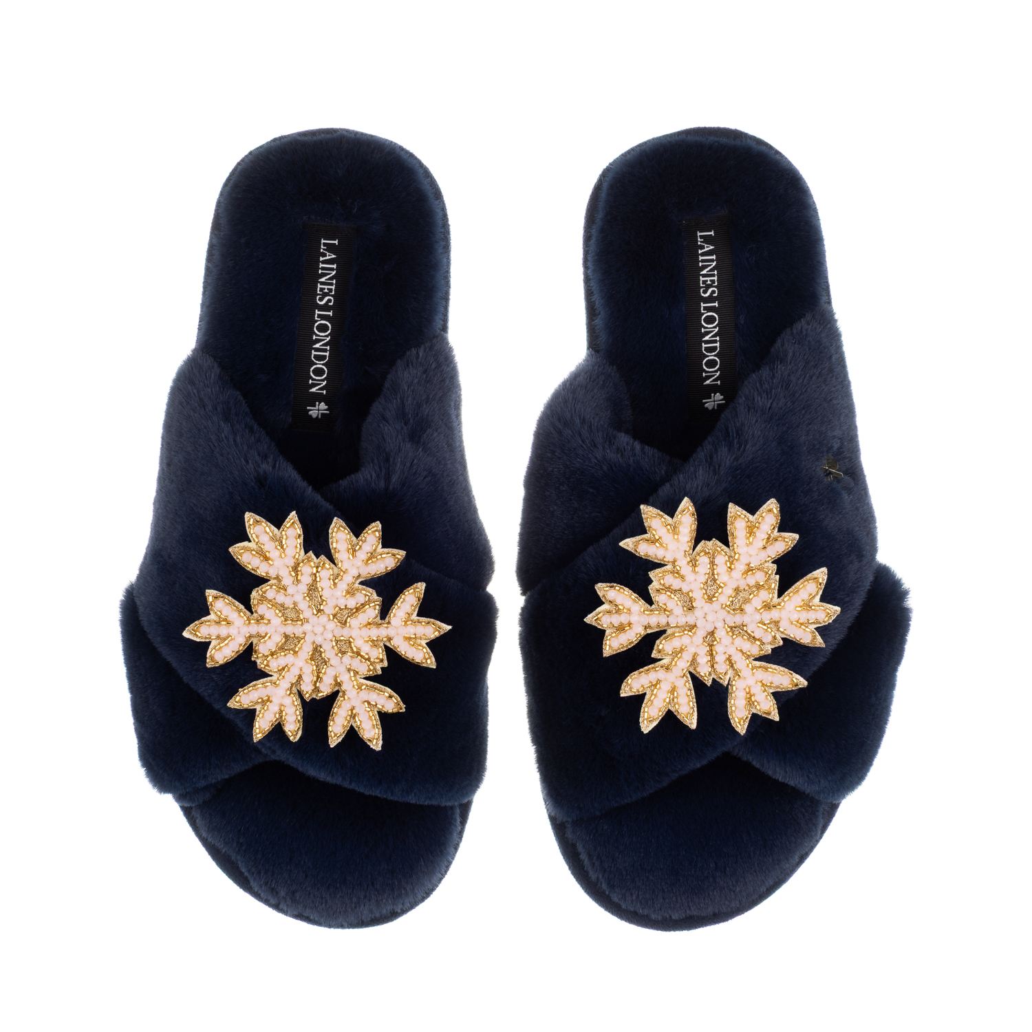 Laines London Women's Blue Classic Laines Christmas Collection Slippers With Double Pink Snowflake Brooches - Navy In Blue