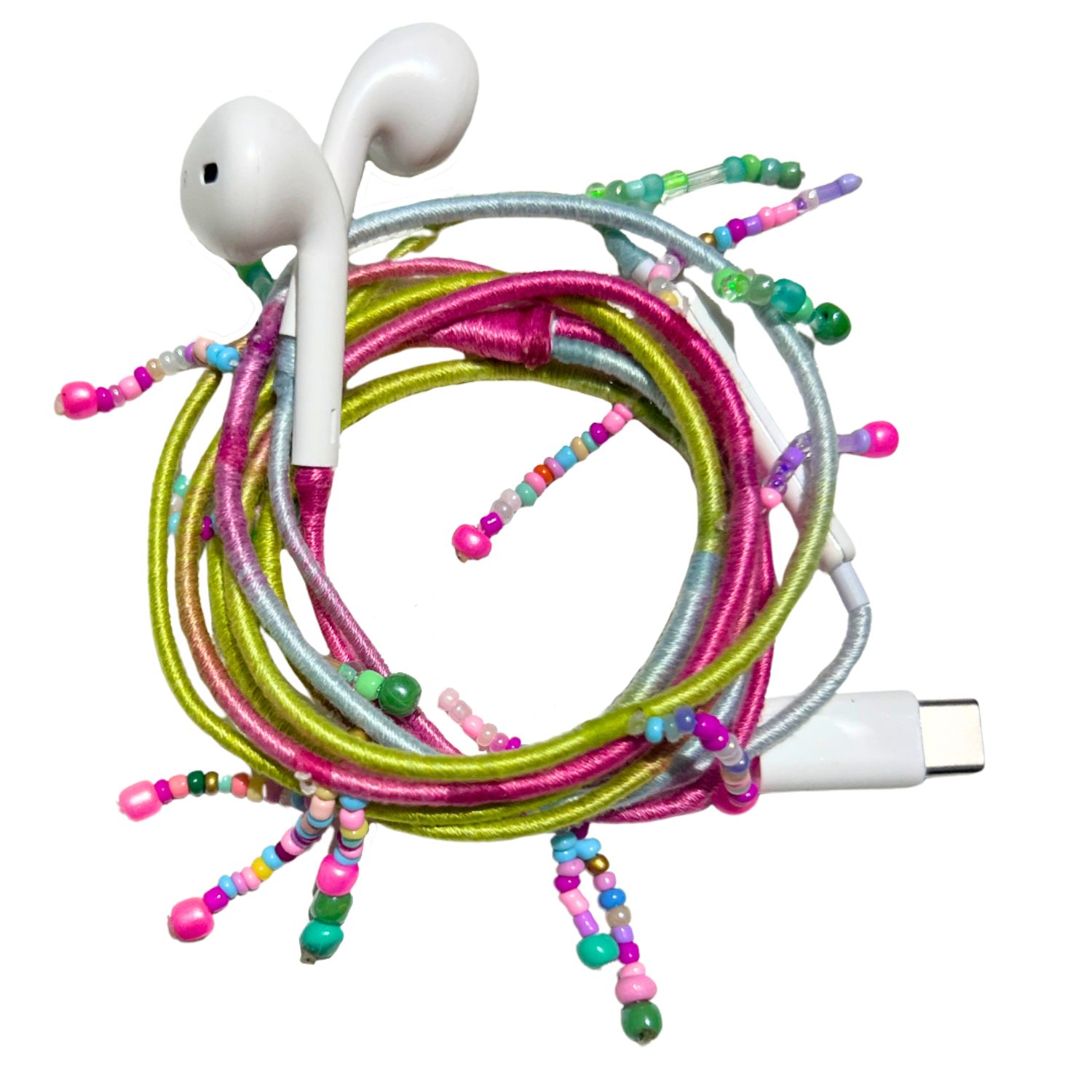 Le Pom Pom Pink / Purple / Green Cotton Candy Earphones With Dangling Beads