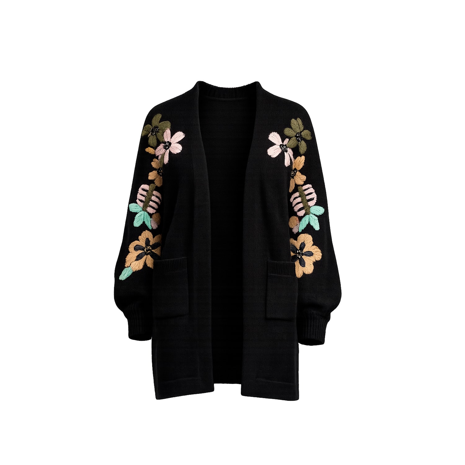 Women's Long Knit Jacket With Embroidered Flowers On The Sleeves And Front Pockets Black | One Size | Tantra Spain Sl