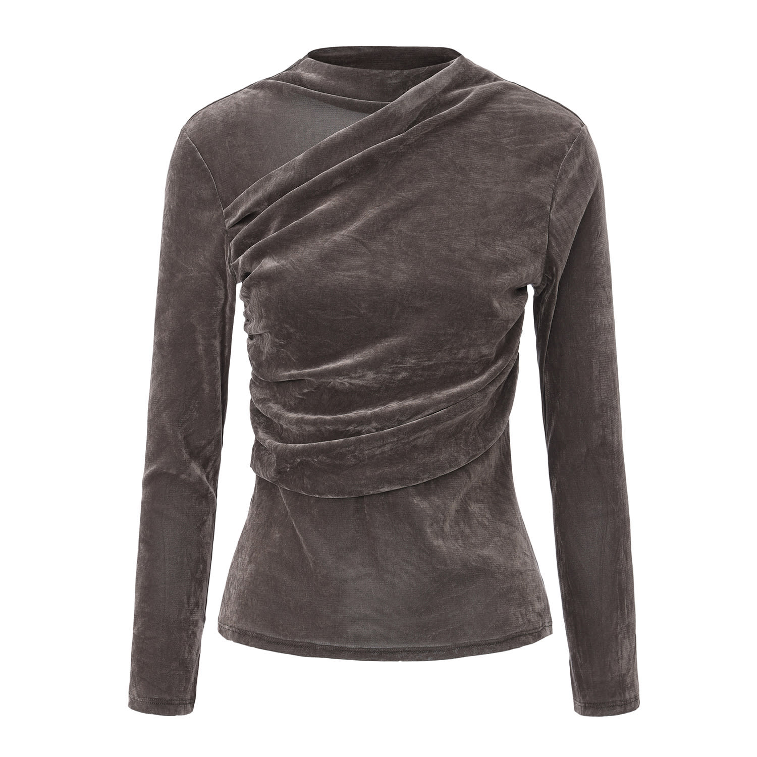 Front Row Shop Women's Grey Velvet Mesh Asymmetric Draped Top In Brown