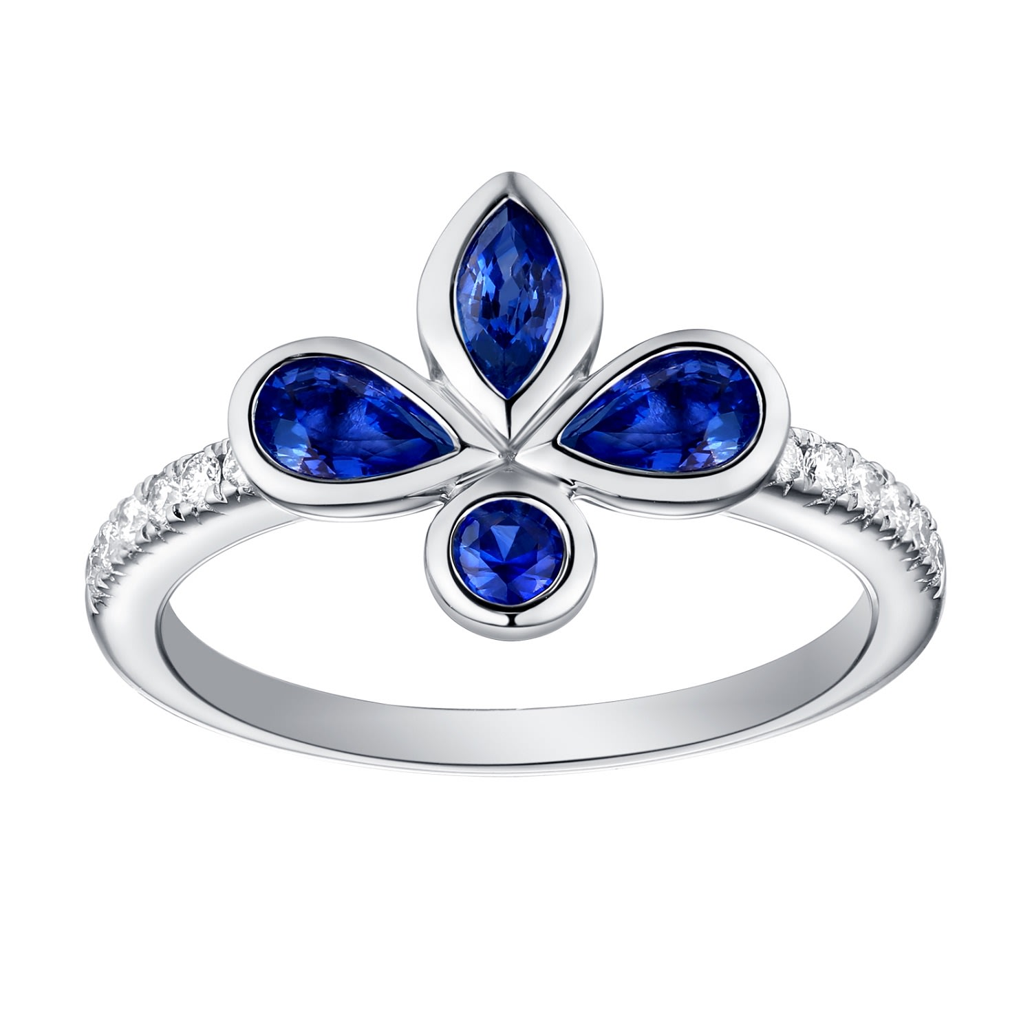 Women’s White / Blue Bezel Set Blue Sapphire & White Diamond 18K White Gold Designer Band Ring Artisan