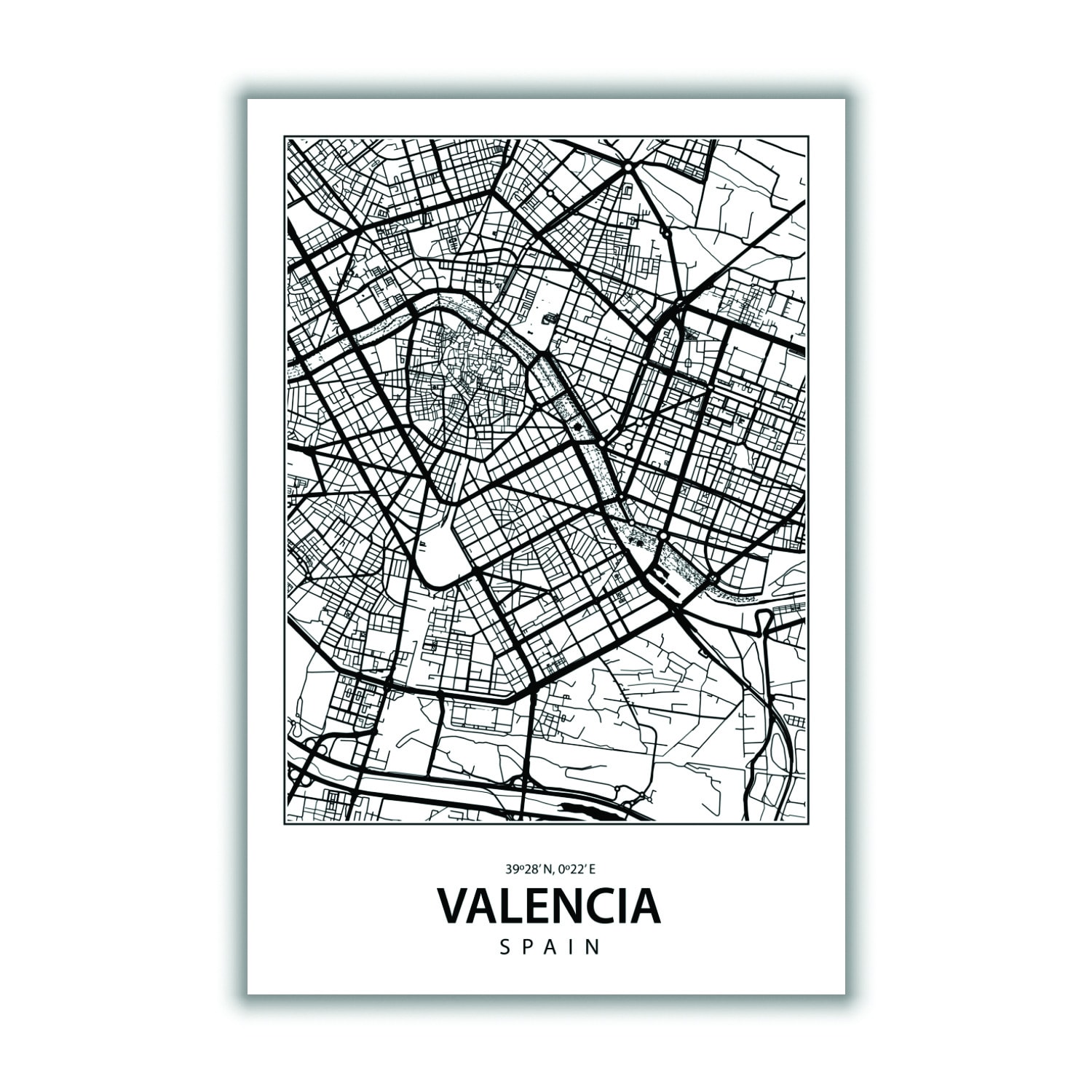 Black Map Of Valencia Spain A2 420 X 594Mm Stanley Print House