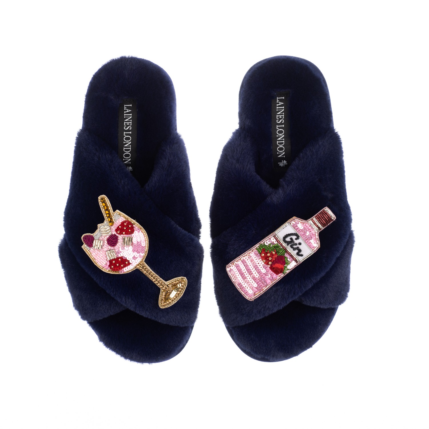Women's Blue Classic Laines Slippers With Pink Gin & Fruit Glass Brooches - Navy | Medium | Laines London