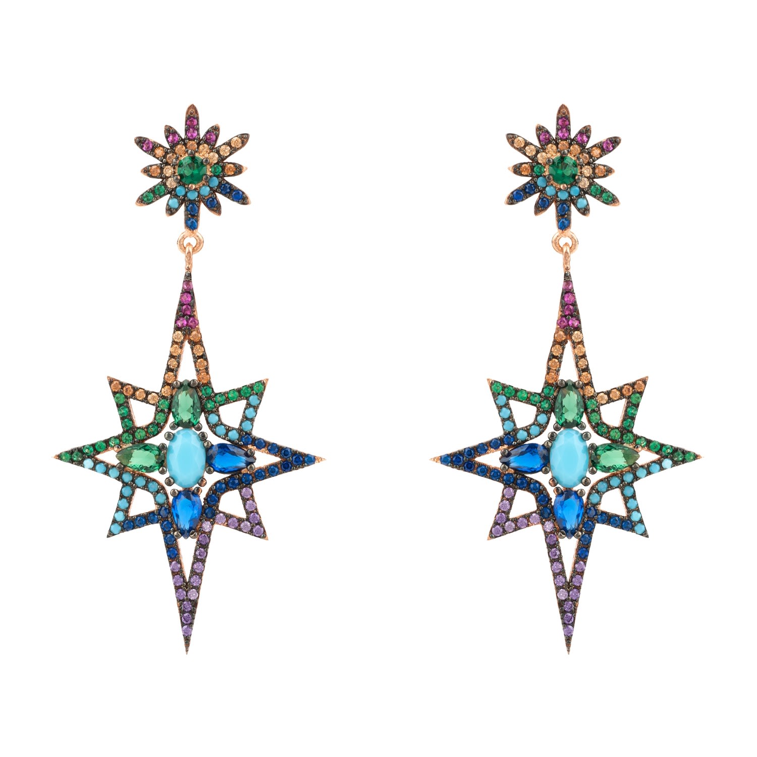 Women’s Rose Gold Northern Star Burst Multi Coloured Gemstone Earrings Rosegold Latelita