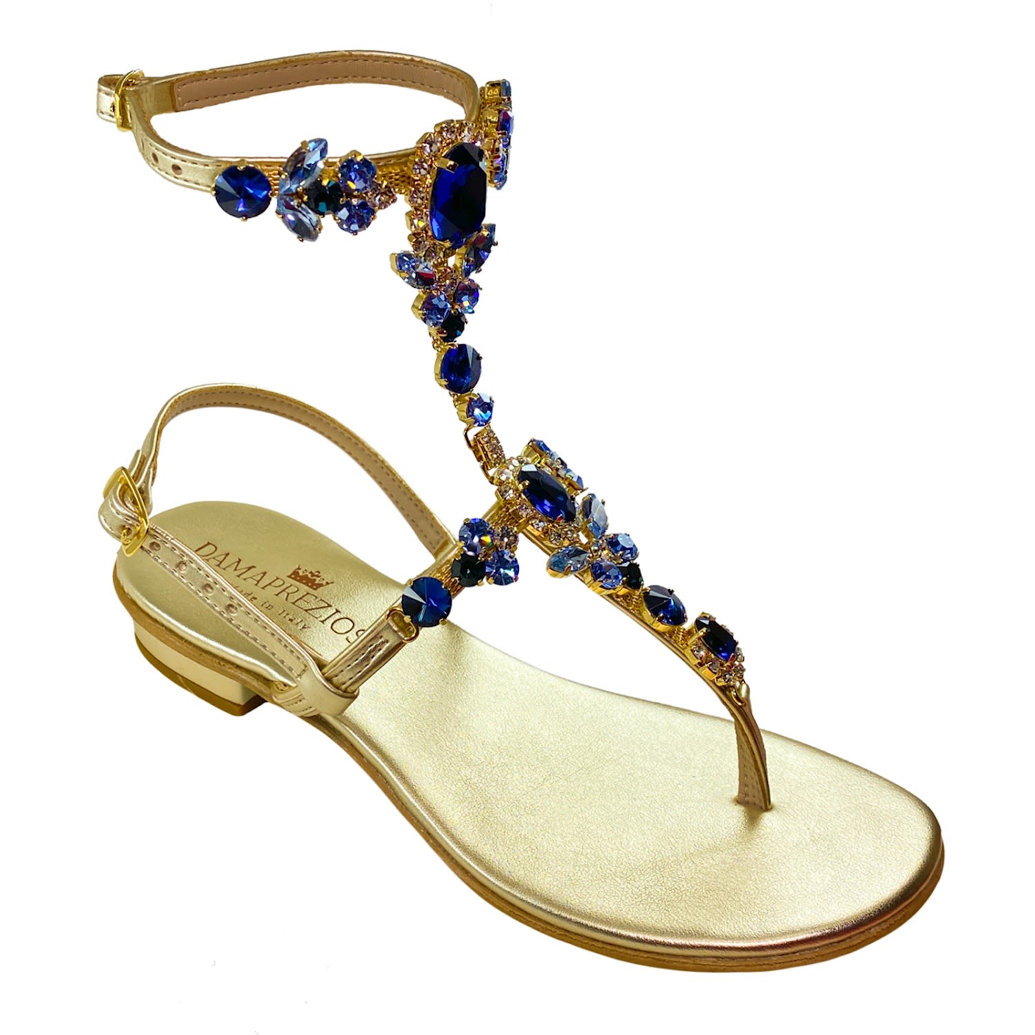 Damapreziosa Women's Gold / Blue Lucrezia Blue Crystal Flat Jewel Sandal In Gold/blue