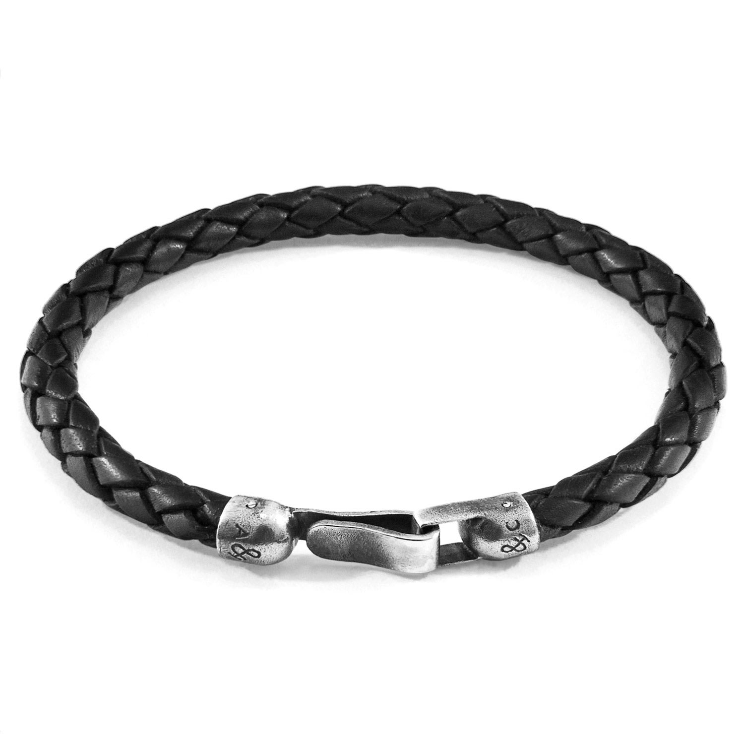 Men’s Midnight Black Skye Silver & Braided Leather Bracelet Anchor & Crew