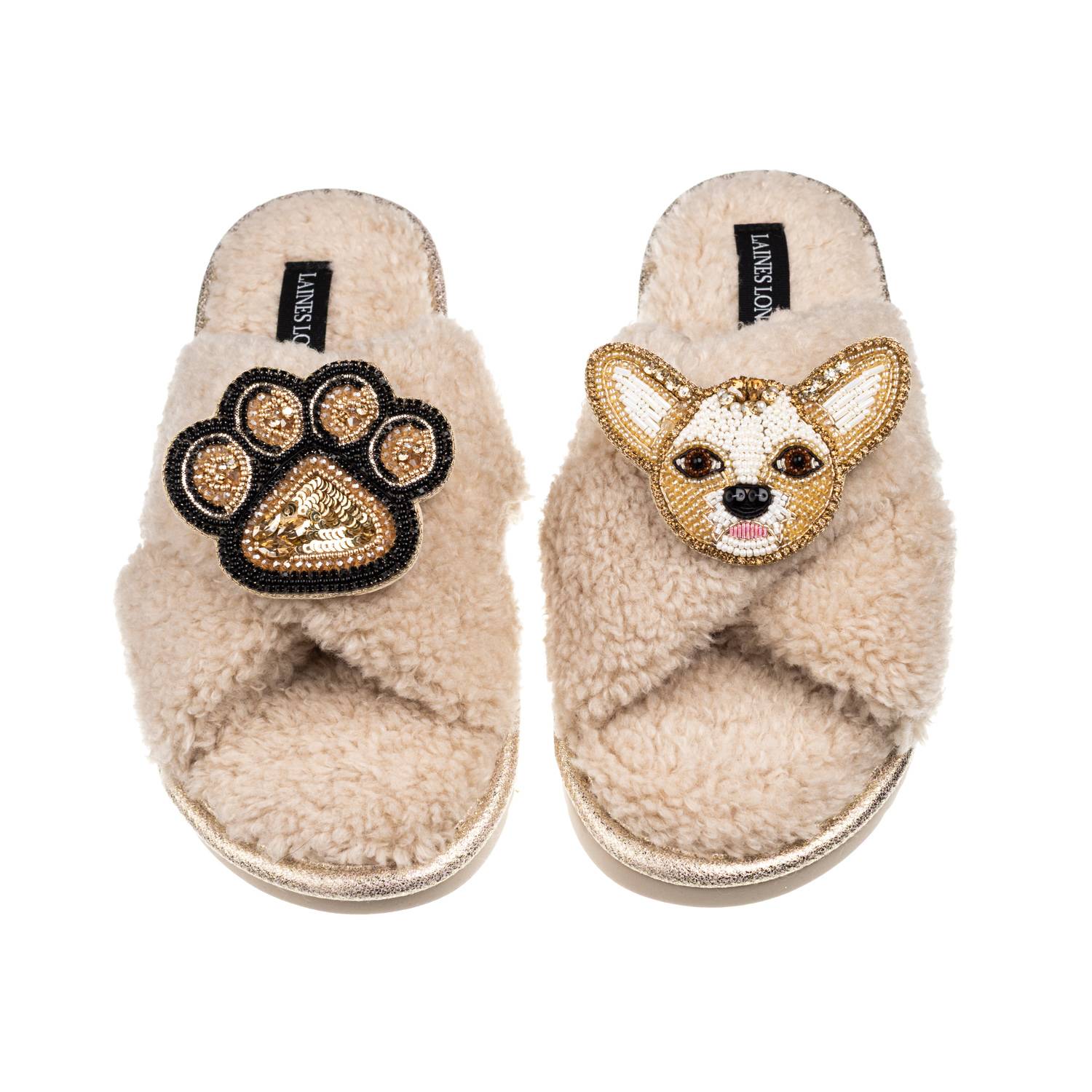 Laines London Women's Brown / Neutrals Laines Neutral Boucle Slippers With Princess Chihuahua & Paw Brooches - Oat
