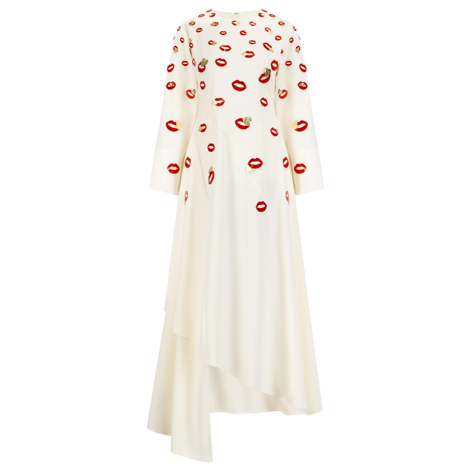 Azzalia Women's Long Sleeve Crepe Flowy Maxi Dress With Scattered Embroidery In Lips And Heart Motifs-star W In White