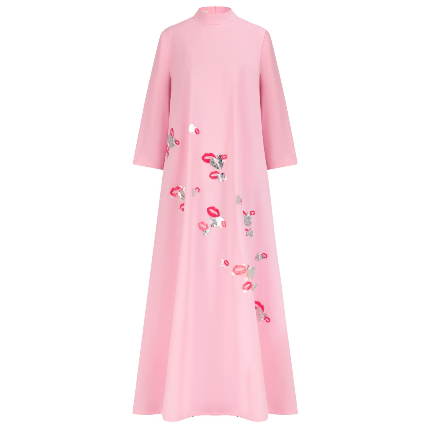 Azzalia Women's Pink / Purple Long Sleeve Crepe Dress With Threed Embroidery With High Collar Neck Closed Wi In Pink/purple