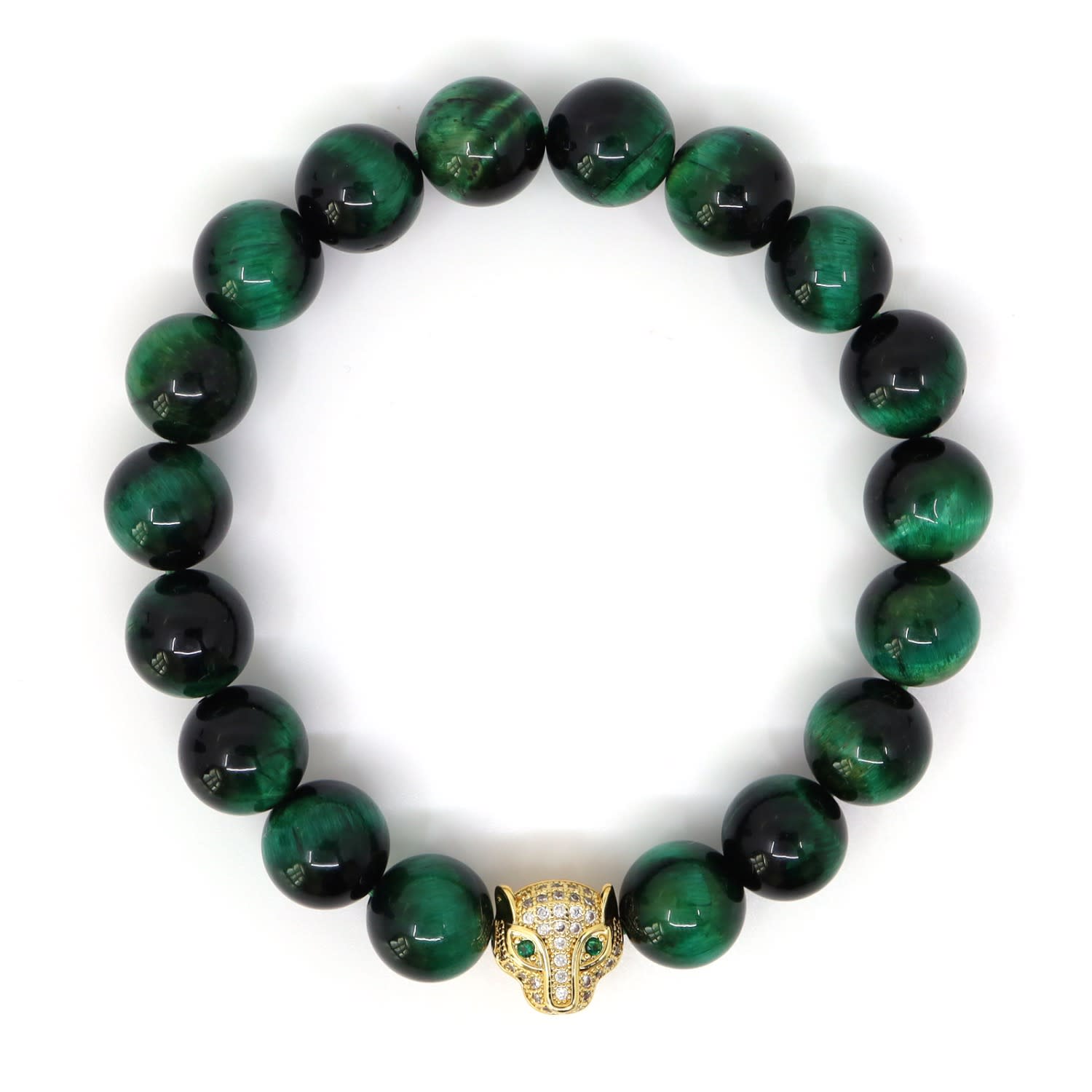 Shar Oke Men's Green / Gold Green Tiger's Eye & Jaguar Beaded Bracelet