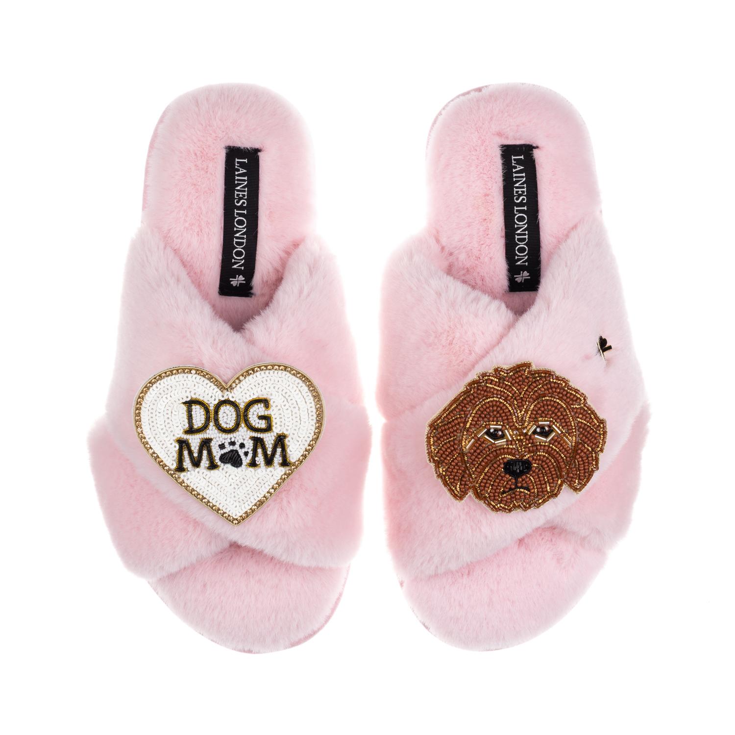 Laines London Women's Classic Laines Slippers With Dog Mum / Mom & Apricot Cockapoo Brooches - Pink In Pink