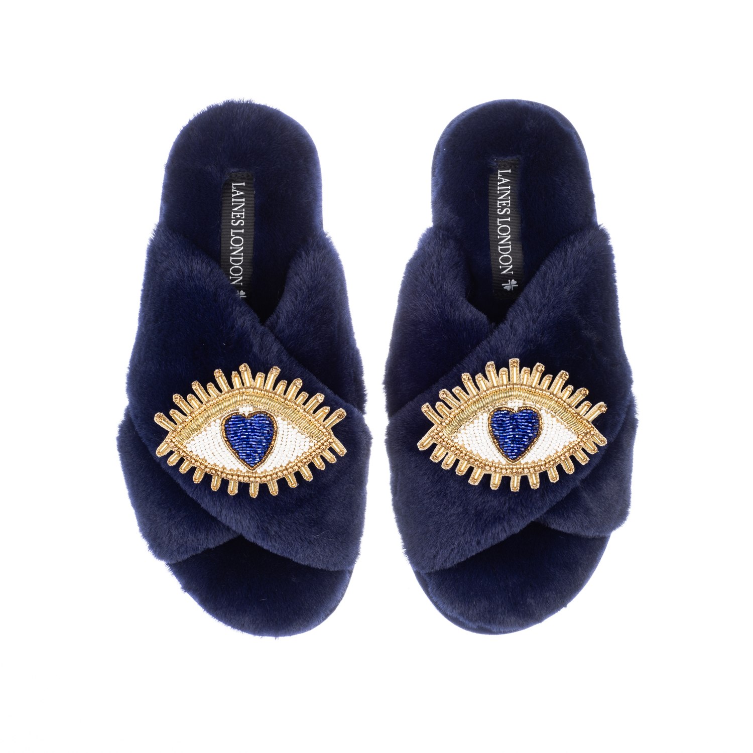 Women's Classic Laines Slippers With Double Blue Love Eye Brooches - Navy | Small | Laines London
