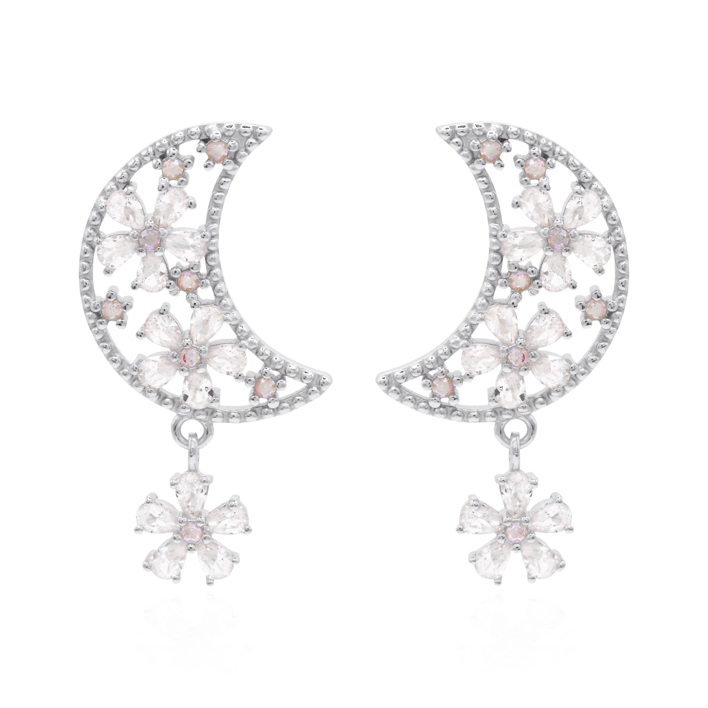 Luna Charles Women's Posie Flower Moon Earrings - Sterling Silver