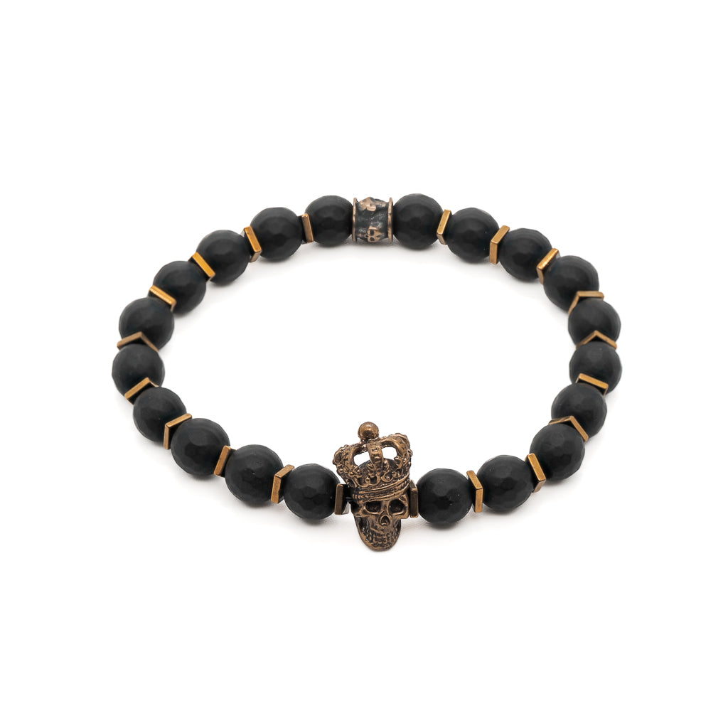 Gold / Black Onyx Stone King Skull Men’s Beaded Bracelet - Black Ebru Jewelry