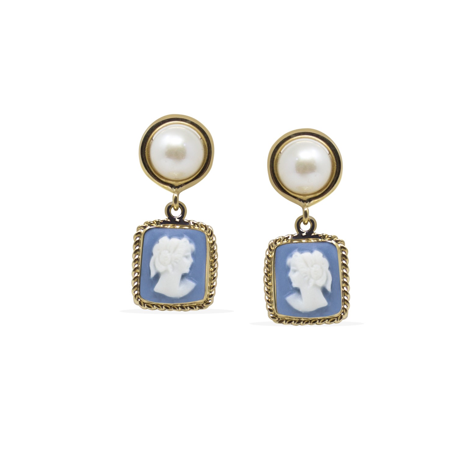 Women’s White / Blue / Gold The Beloved Gold-Plated Sky Blue Cameo And Pearl Earrings Vintouch Italy