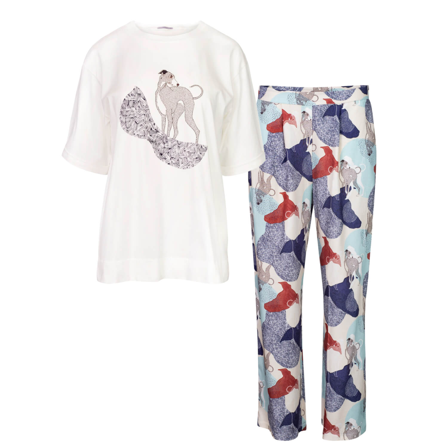 Women’s Blue / White Pajama Set - Loose Fit T-Shirt & Long Pants - Whippet Large Oh!Zuza Night & Day