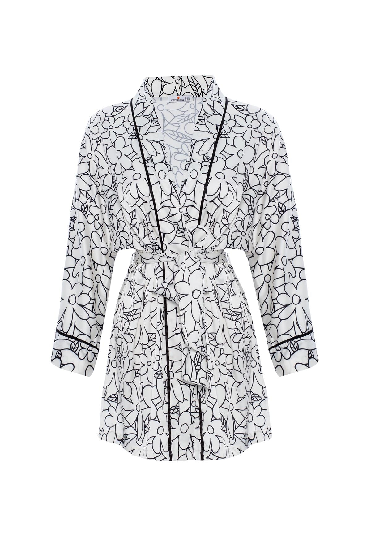 Peraluna Women's Freesia Flower Patterned Short Satin Kimono In Black And White In Black/white