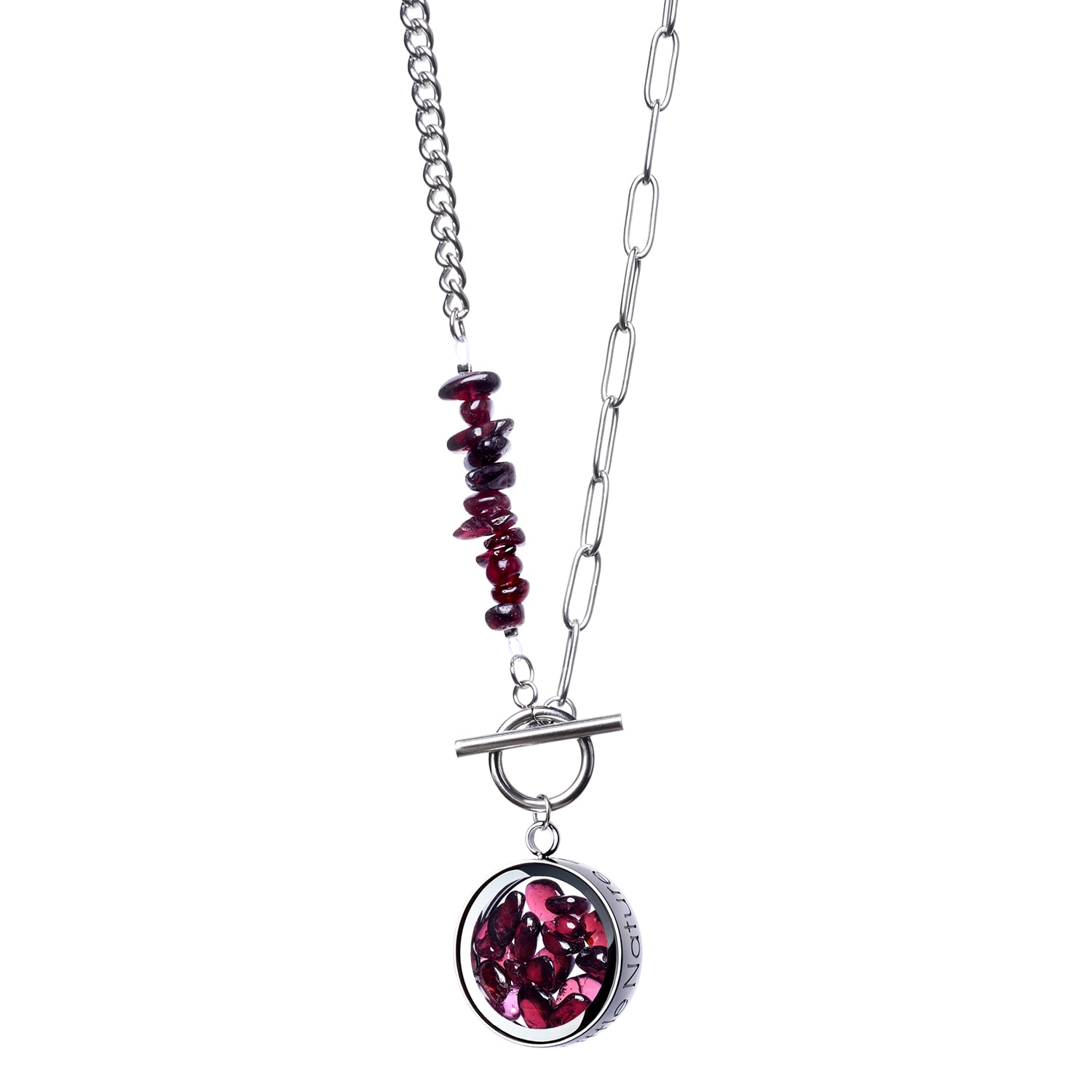 My Little Nature Women's Red / Silver Garnet Necklace With Beaded Chain And Charm - Toggle Necklace -birthstone Neckl