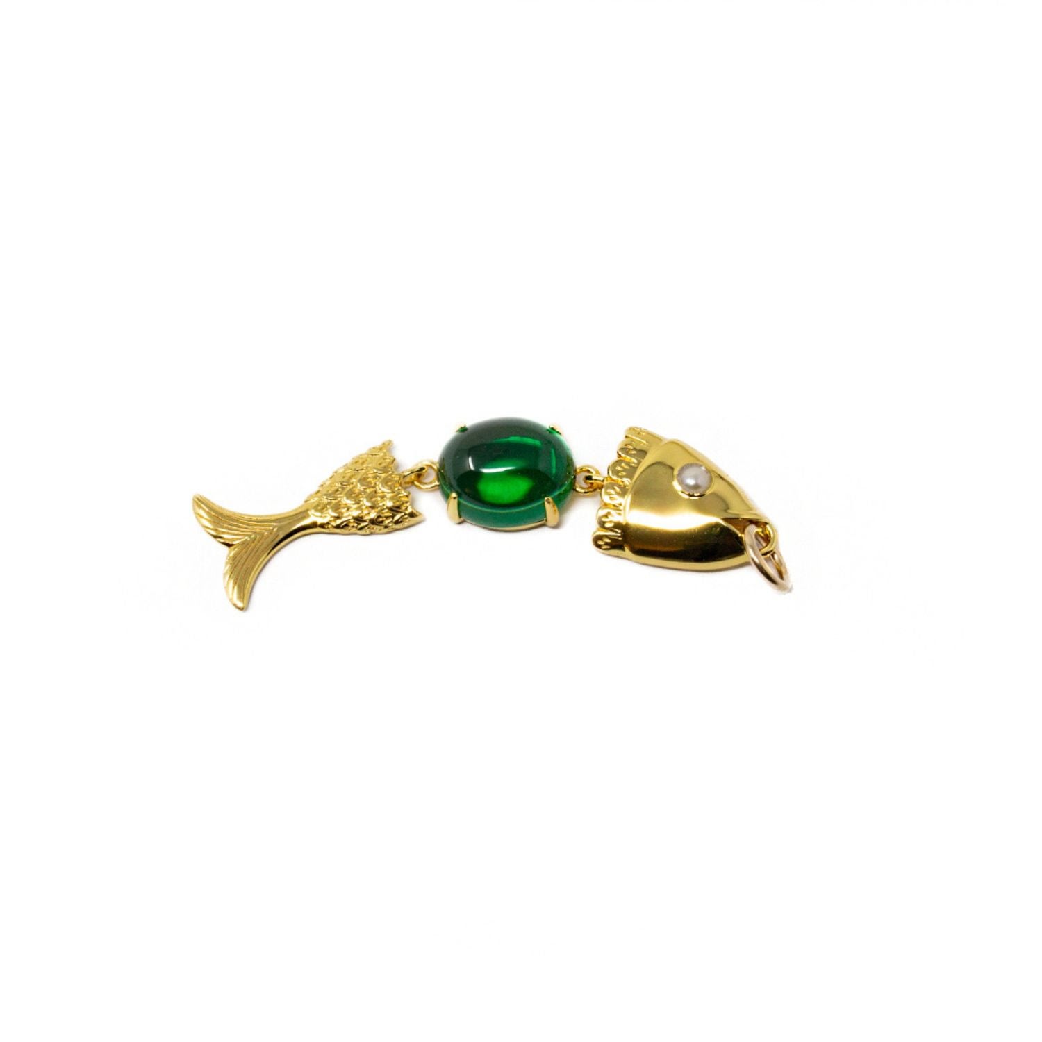 Nasi Silver Women's Swimming Neshama Fish Pendant- Green Spinel & Freshwater Pearl- Gold In Gold