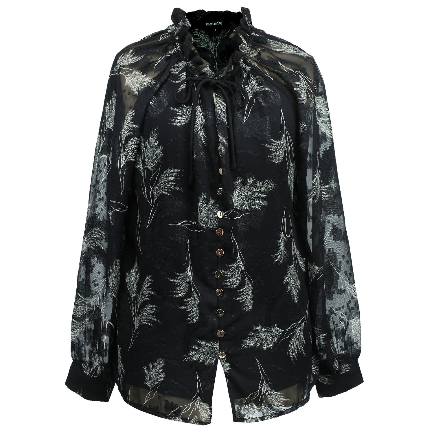 Smart And Joy Women's Black Sheer Feather Print Blouse With Tie Neck In Black