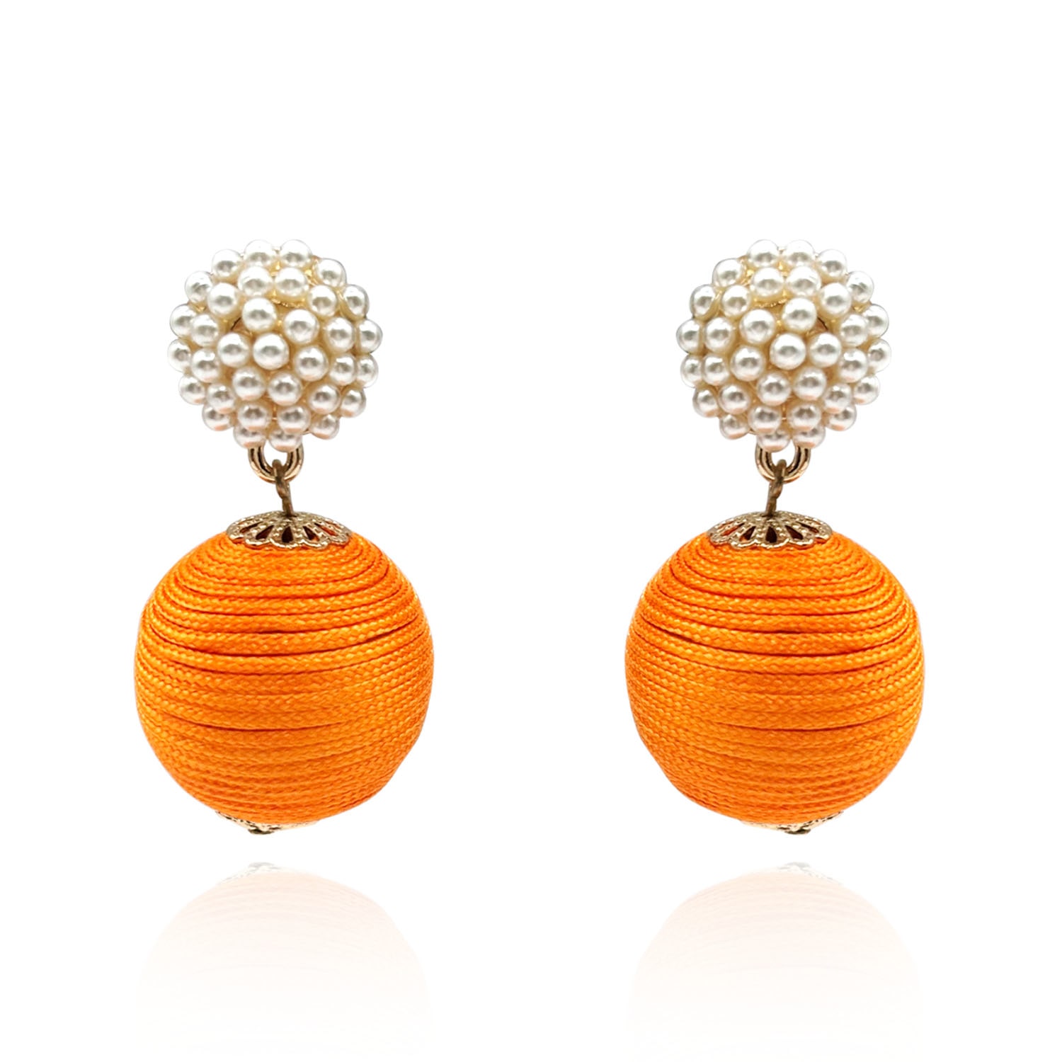 Michael Nash Jewelry Women's Yellow / Orange Bright Orange Silk Ball Earrings With Gold-plated Pearl Tops