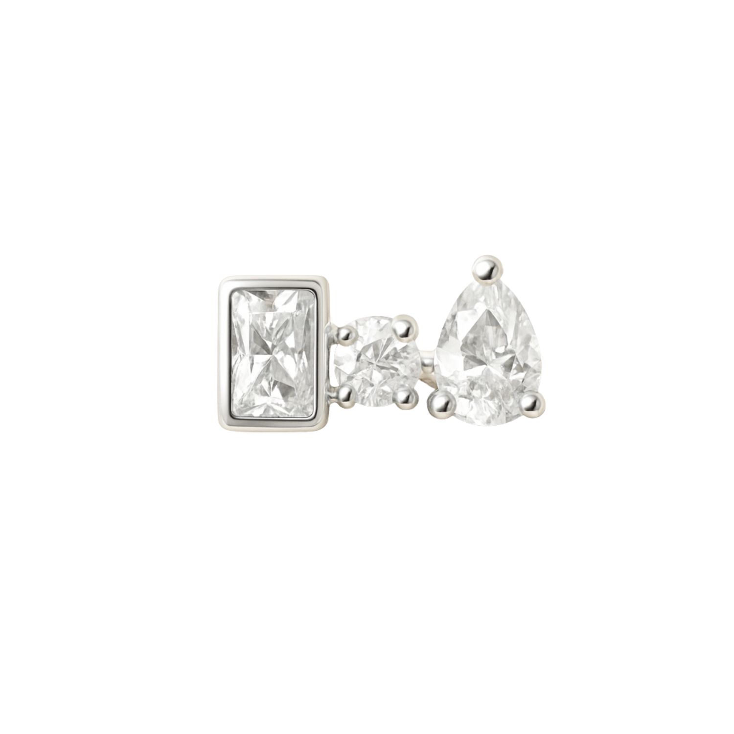 Lily Flo Jewellery Women's White Entre Trois Pear Brilliant & Baguette Diamond Stud In Sterling Silver In White