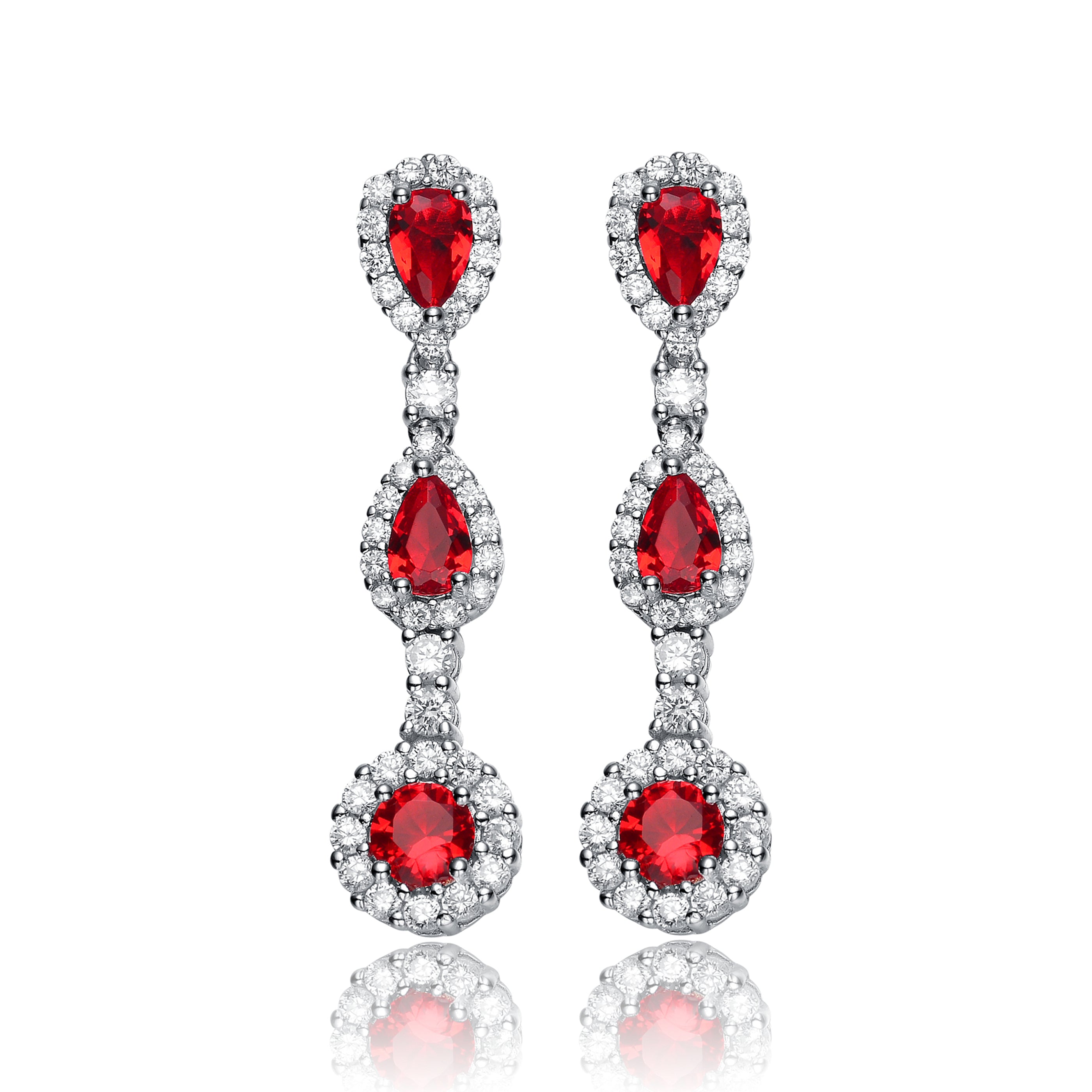Genevive Jewelry Women's White / Red Sterling Silver White Gold Plated With Ruby Dangling Earrings In Multi