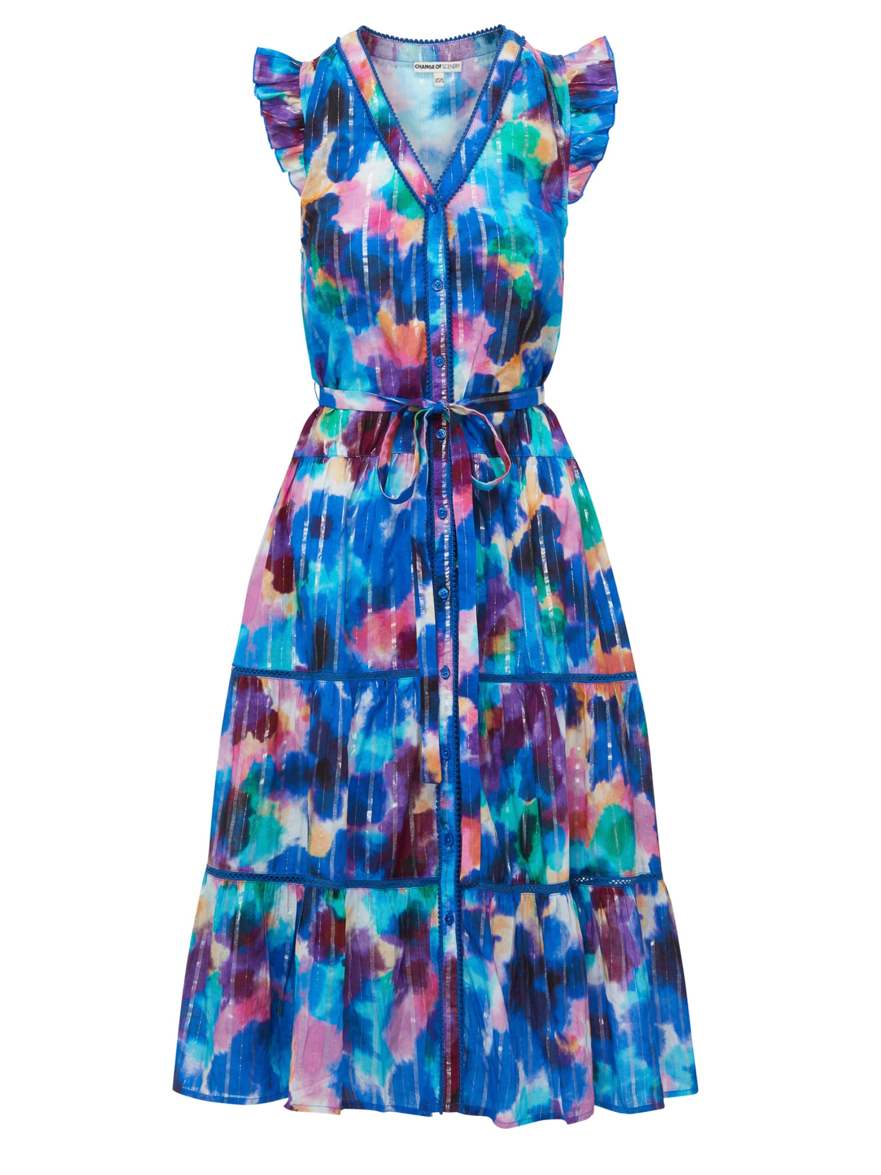 Change Of Scenery Women's Pink / Purple / Blue Emily Tiered Maxi Shirt Dress In Giverny Gardens Metallic Print In Pink/purple/blue