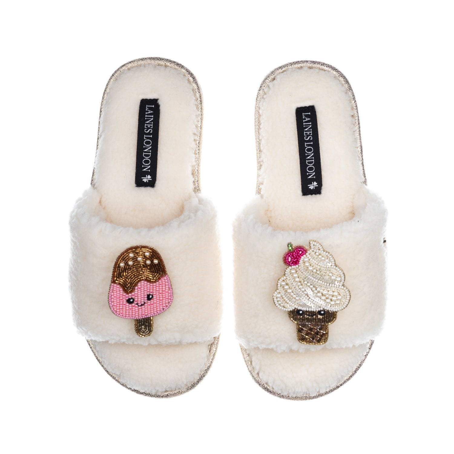 Laines London Women's White Teddy Slider Slippers With Laines Loveables Ice Lolly & Ice Cream Brooches - Cream In White