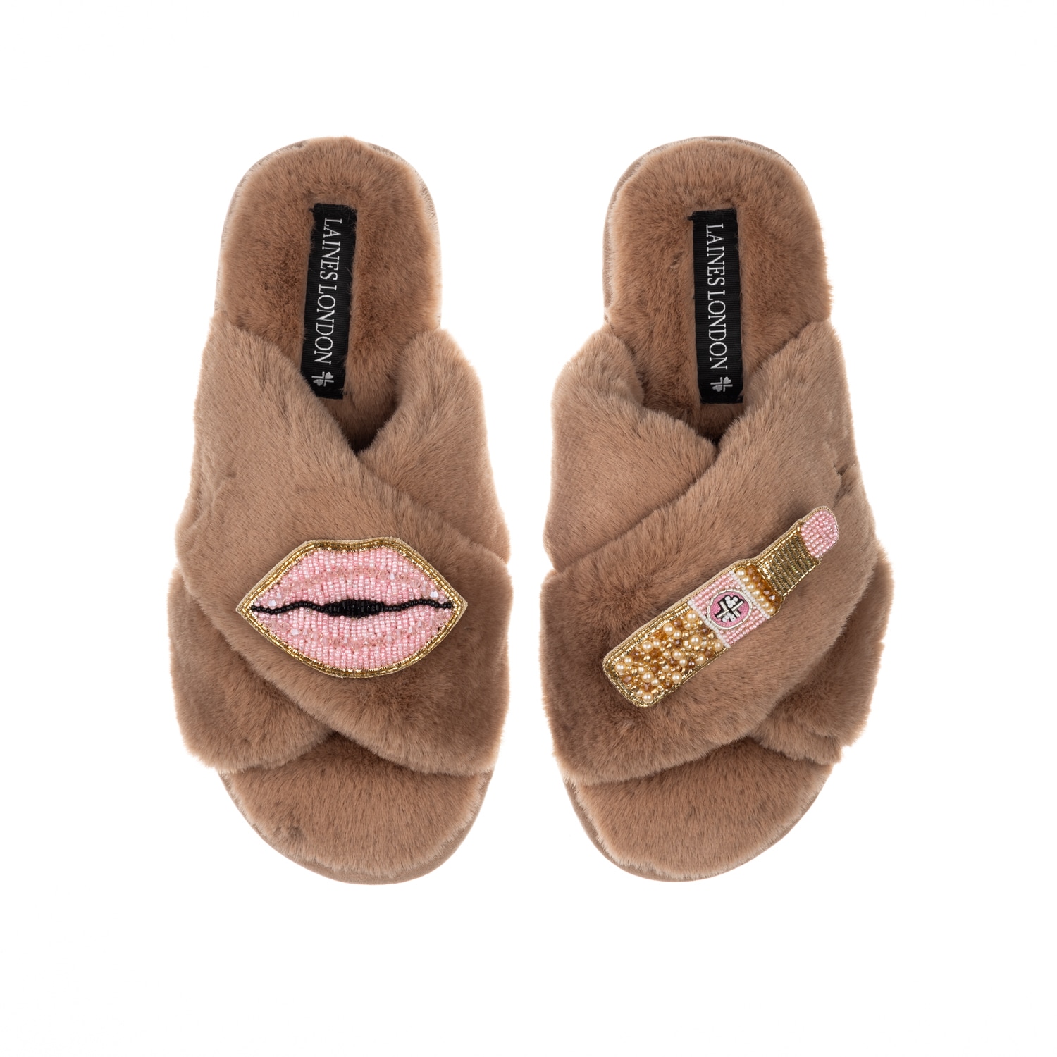 Laines London Women's Brown / Neutrals Classic Laines Slippers With Pink Lipstick & Lips Brooches - Toffee In Brown