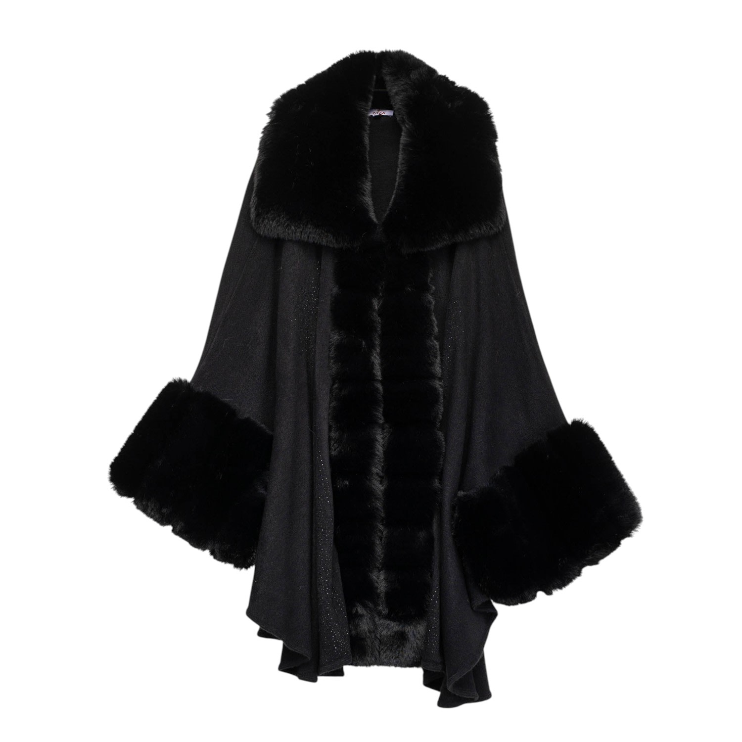 Niza Women's Black Poncho With A High Neck And A Distinctive Pattern On The Front