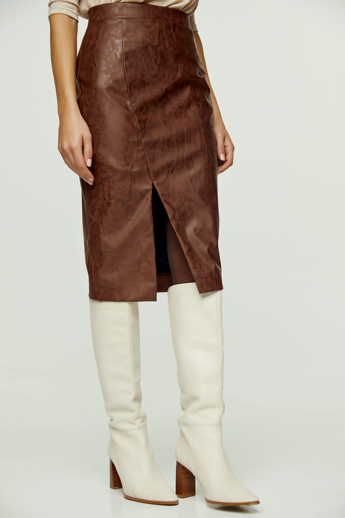 Chocolate Brown Faux Leather Pencil Skirt by Conquista