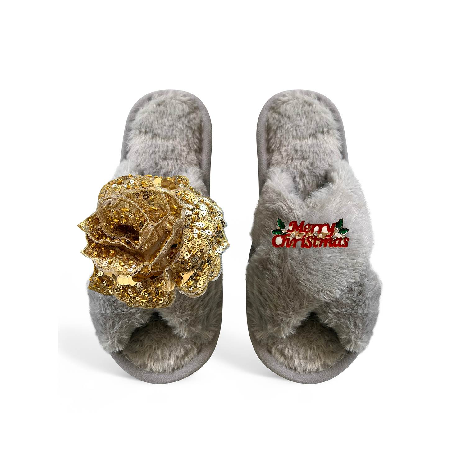Toma Women's Classic  Open Toe Gold Sequin Flower Merry Christmas Grey Slippers In Gray