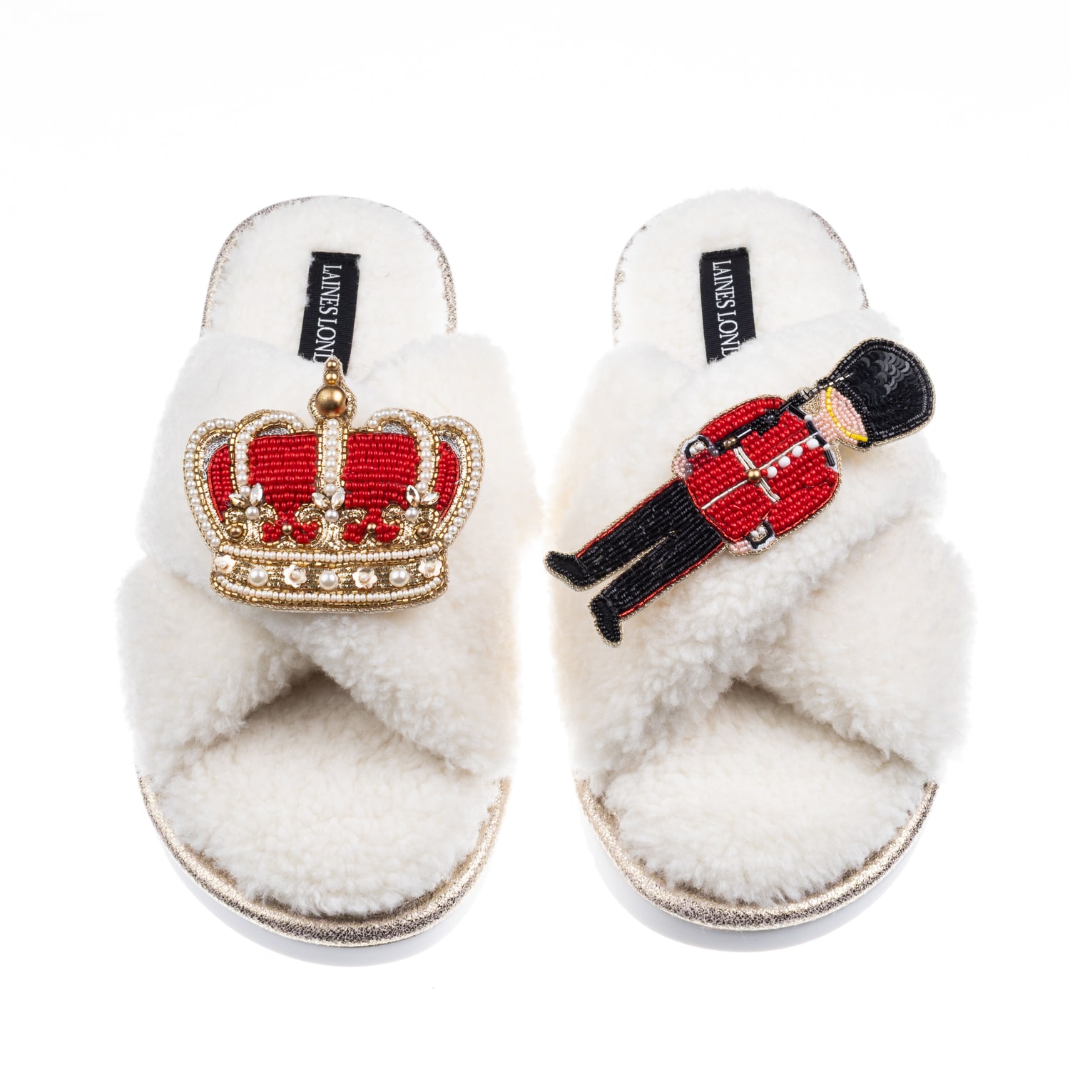 Laines London Women's Neutrals / White Laines Neutral Boucle Slippers With Royal Crown & Grenadier Guard Brooches  In White