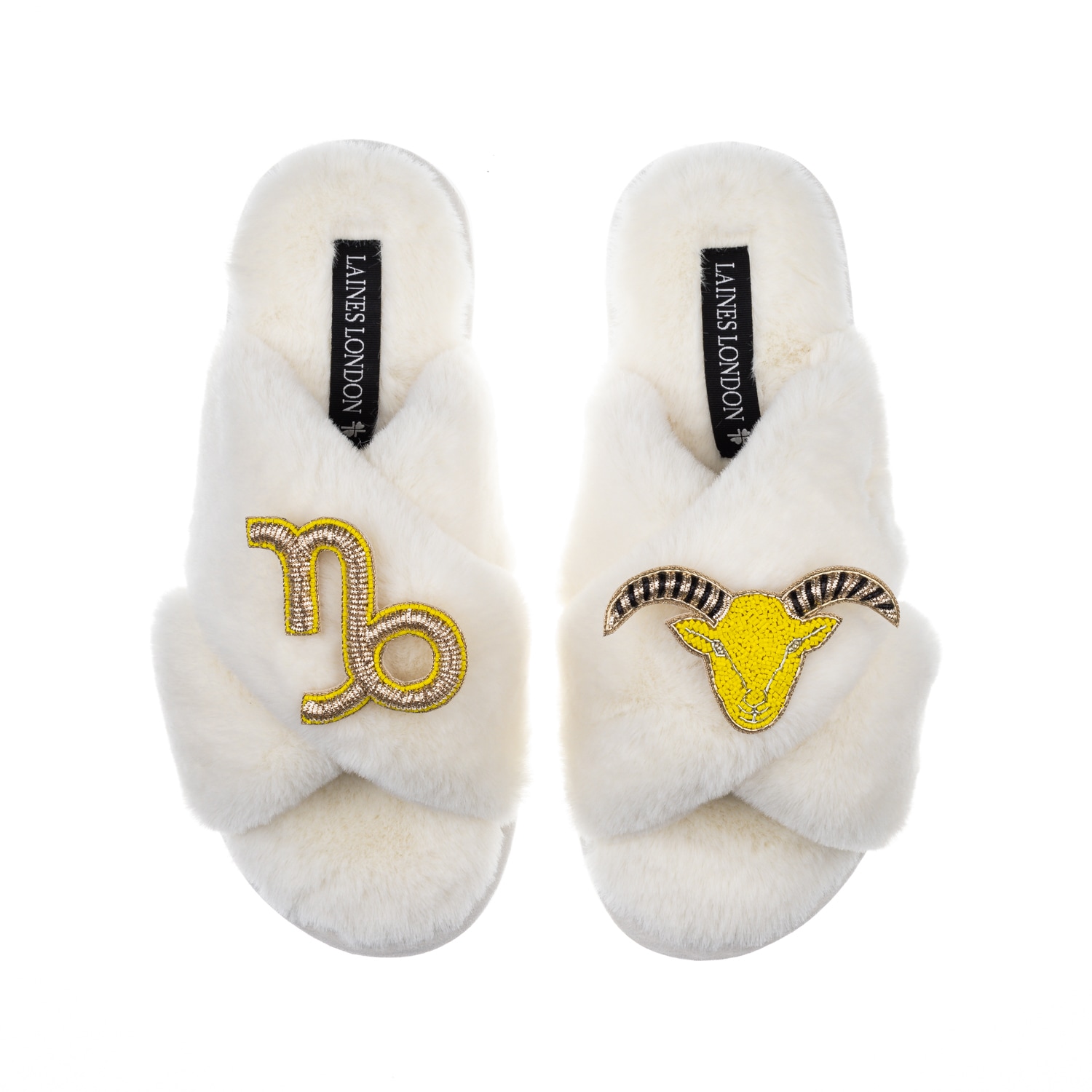 Laines London Women's White Classic Laines Slippers With Capricorn Zodiac Brooches - Cream