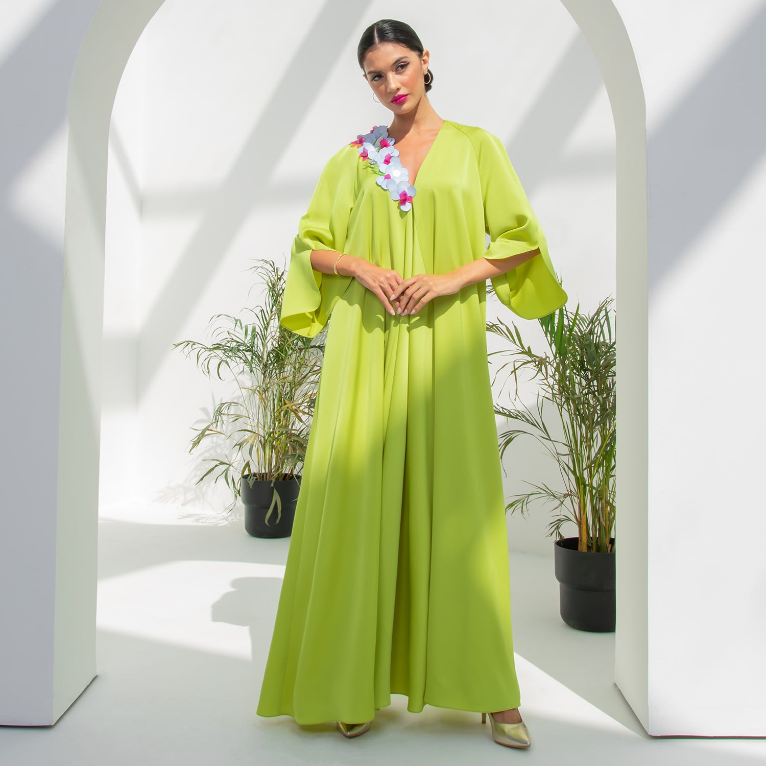 Azzalia Women's Green Classic Flowy Kaftan With On Side Three D Floral Embellishment In Lime Punch