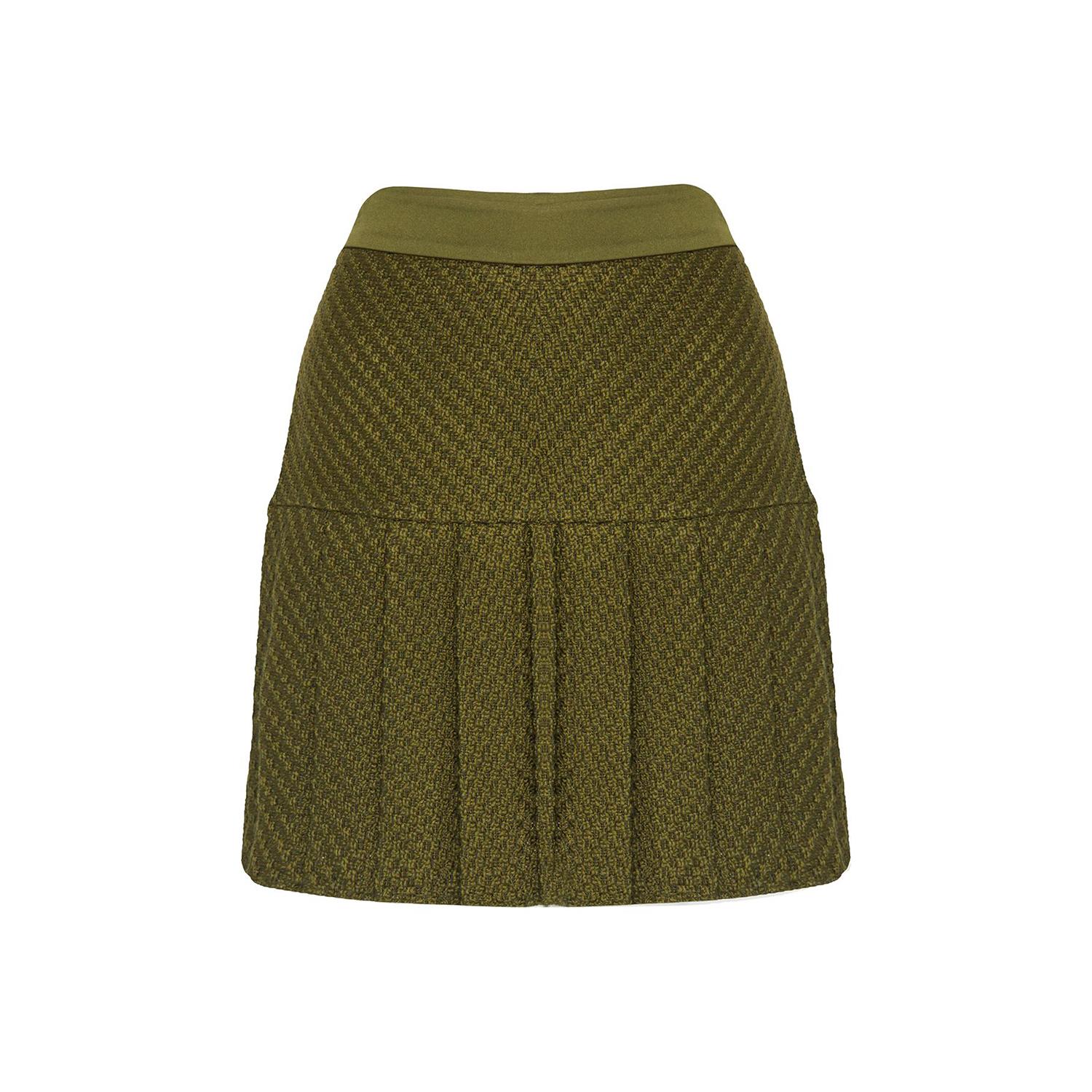 Women’s Green Pleated Mini Khaki Tweed Skirt Xxs Rue Les Createurs