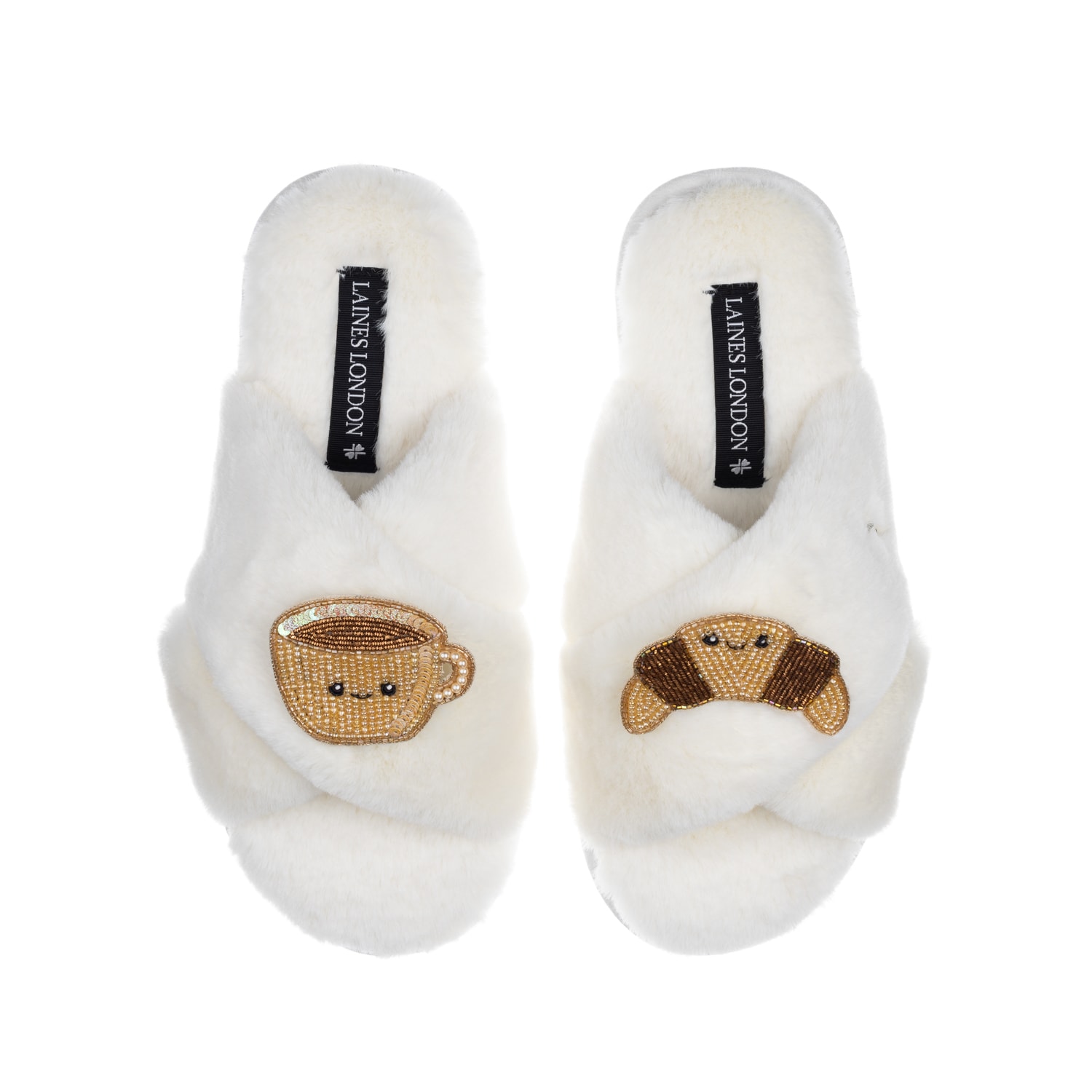 Laines London Women's White Classic Slippers With Laines Loveables Coffee & Croissant Brooches - Cream In White